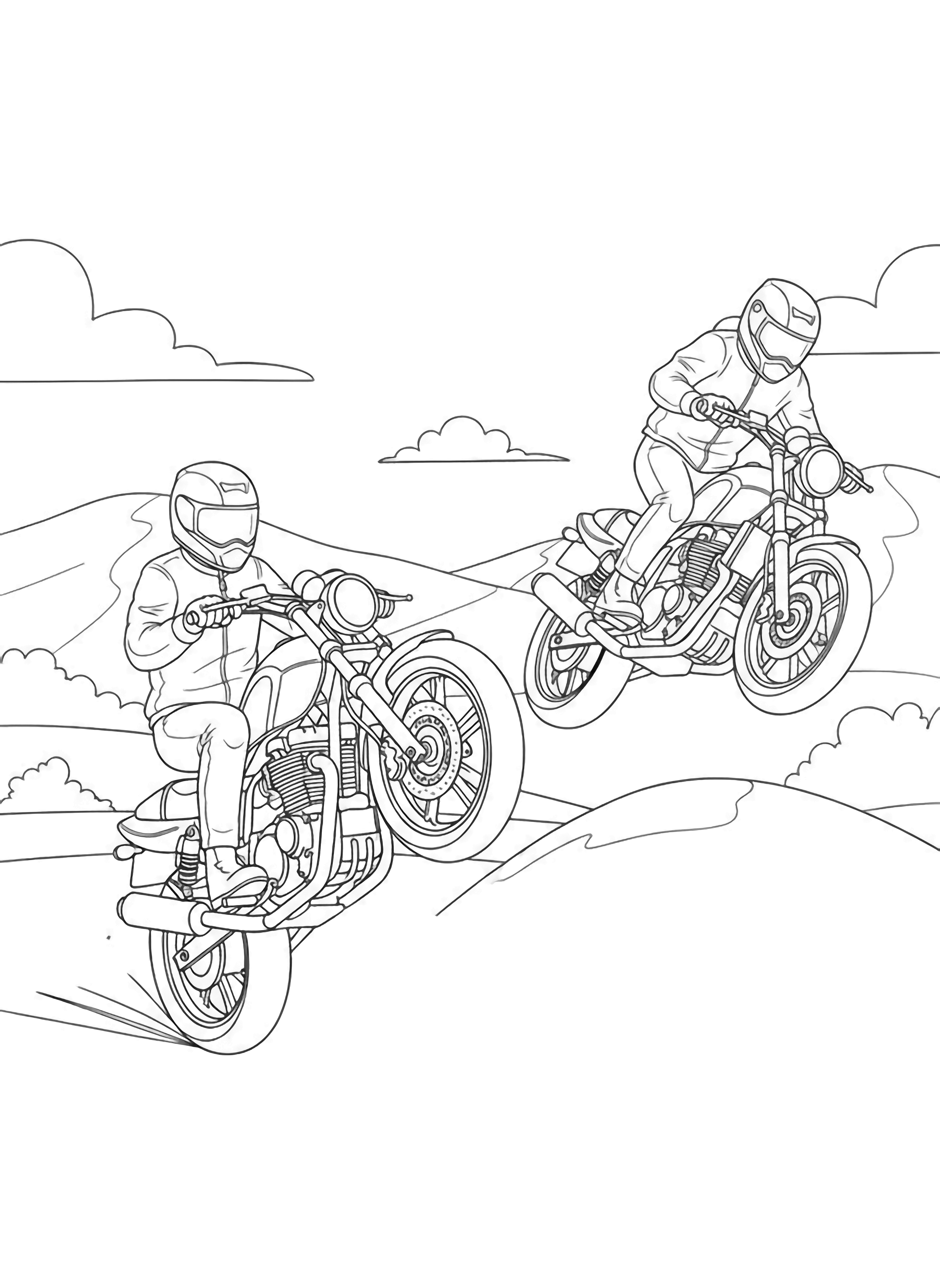 Two motorcyclists ride outdoors; one pops a wheelie, the other soars mid-jump, wearing helmets and gloves, with simple hills and clouds behind. kleurplaat