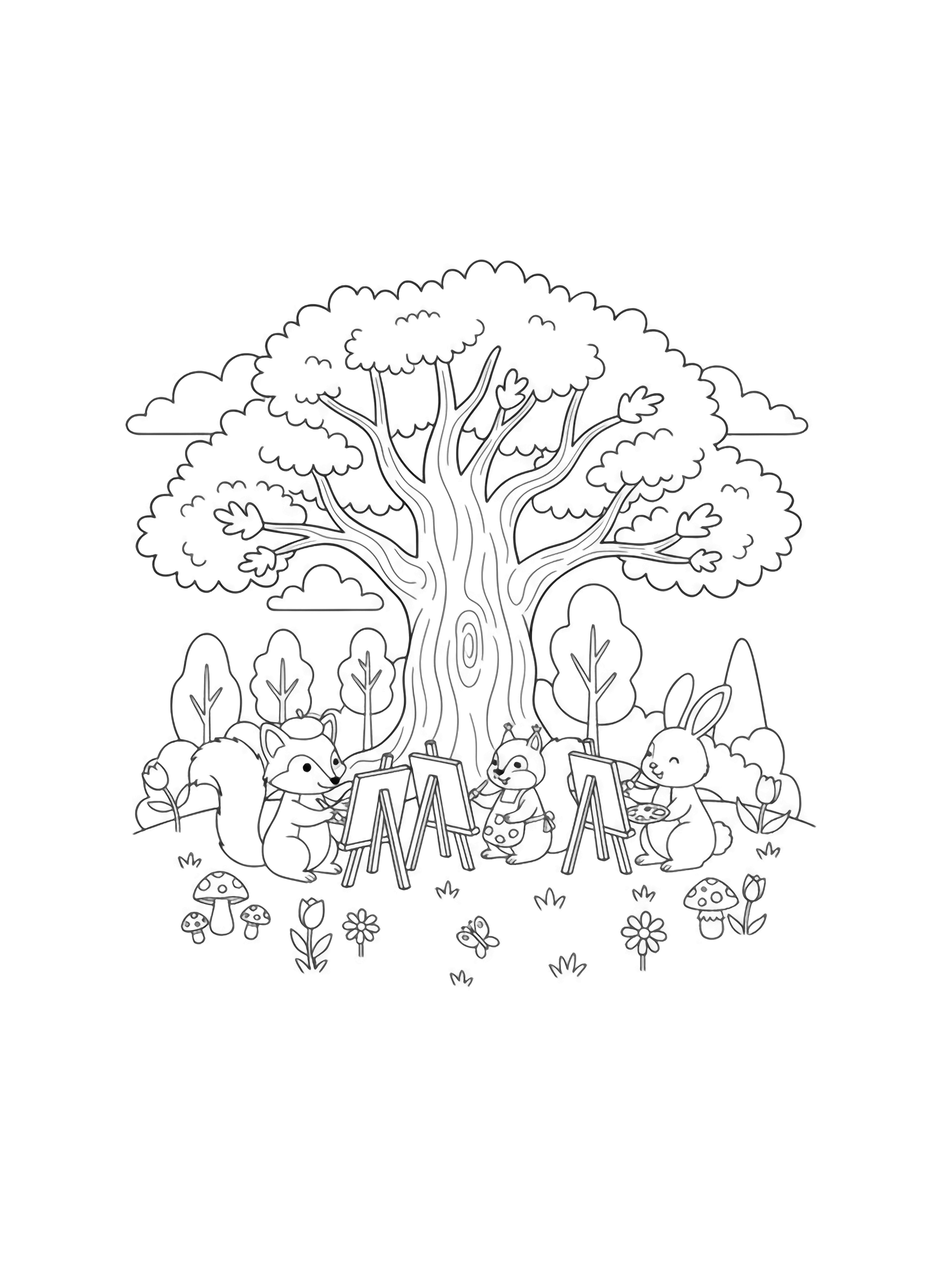 illustration on a Three fluffy forest friends fox squirrel and bunny paint each other on little canvases beneath a big oak surrounded by mushrooms flowers and a butterfly; simple trees and clouds frame the cheerful scene clean black kleurplaat