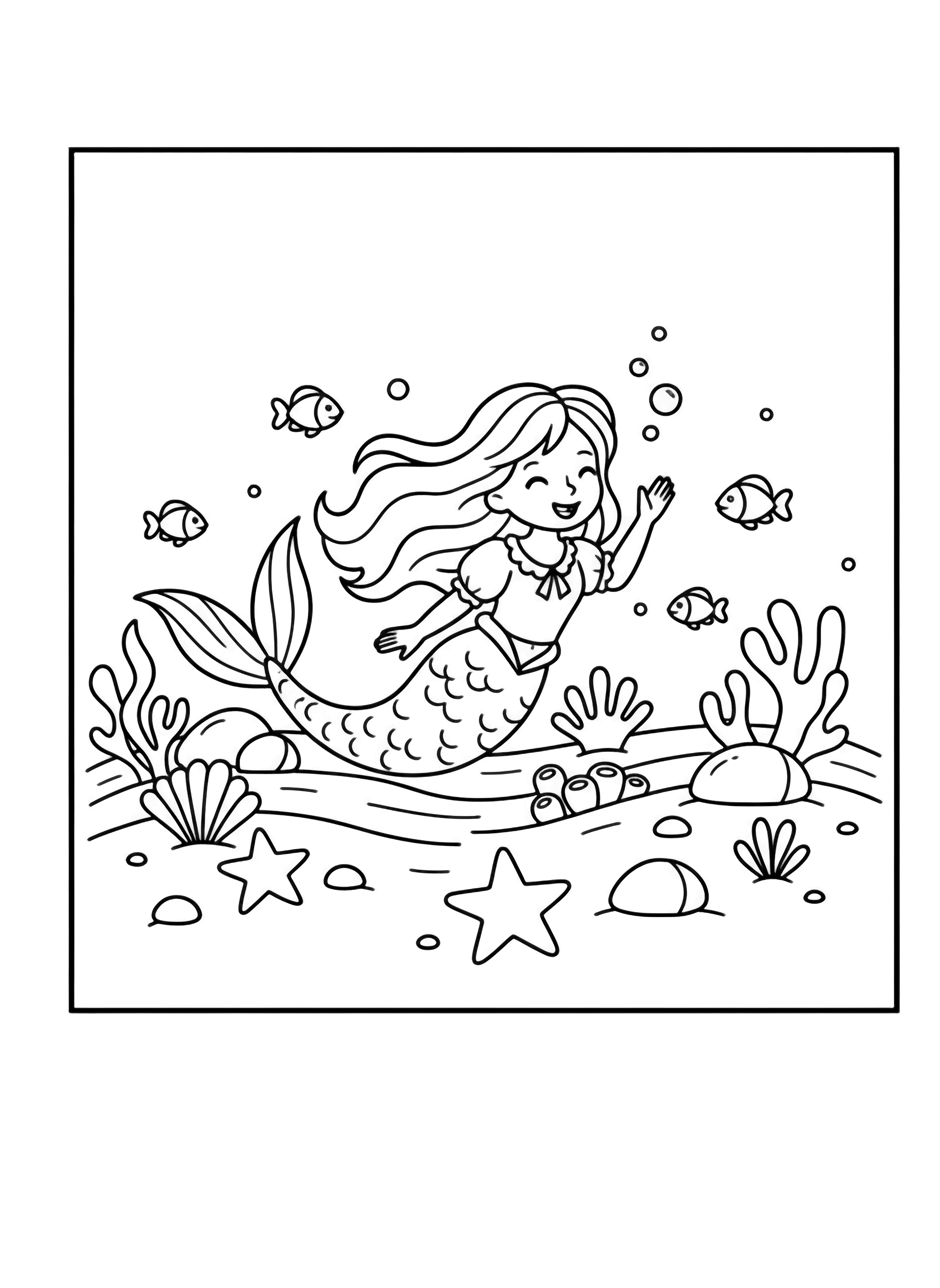 A cheerful little mermaid glides above the wavy seabed, her hair drifting past corals, starfish, rounded rocks and playful fish. kleurplaat