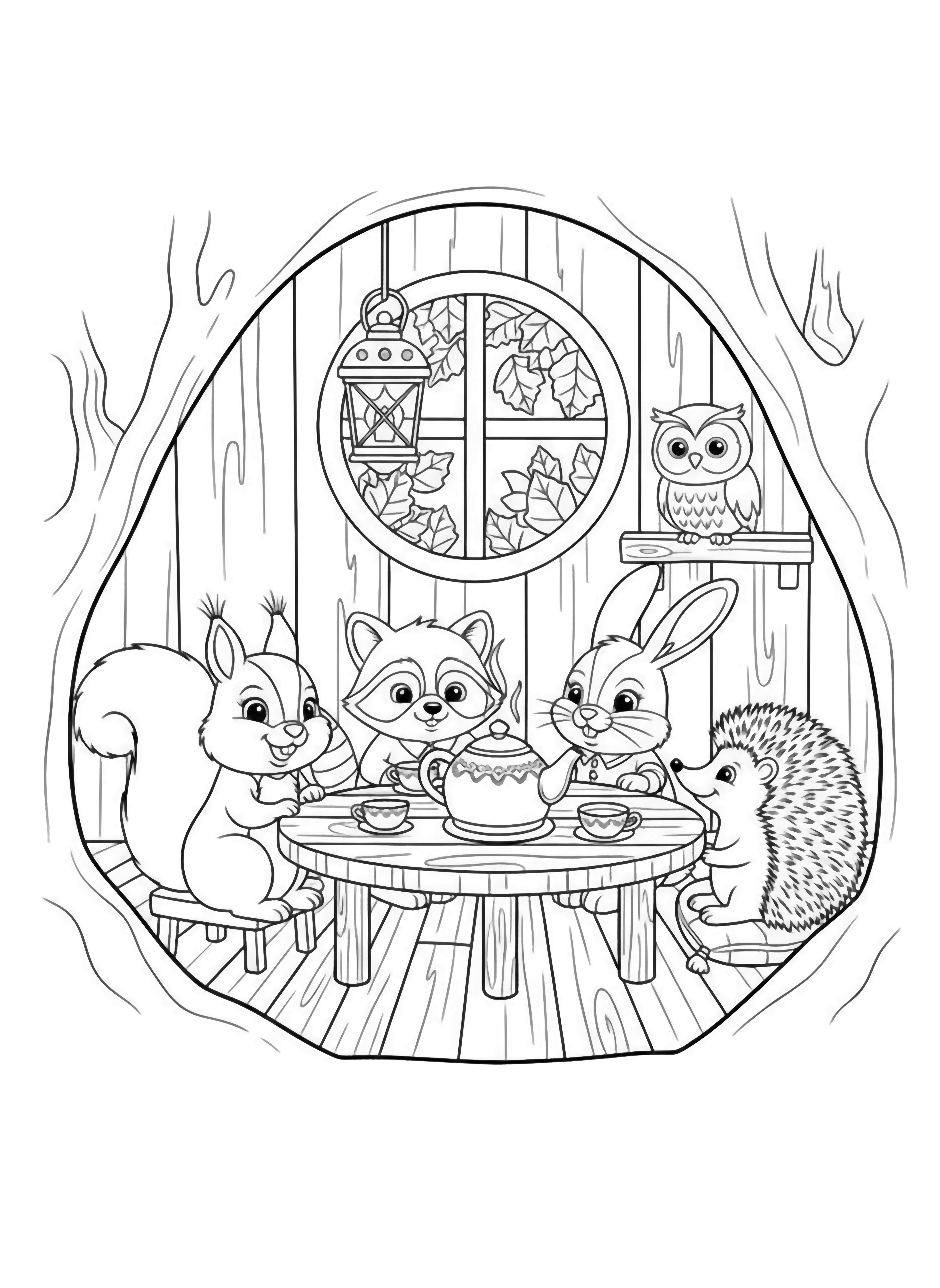 illustration on a Chipper squirrel bunny and hedgehog sit around a tiny table inside a hollow tree hut; round window frames forest leaves lantern hangs above teapot steams friendly owl peeks in smooth bold outlines white spaces everywhere clean black kleurplaat