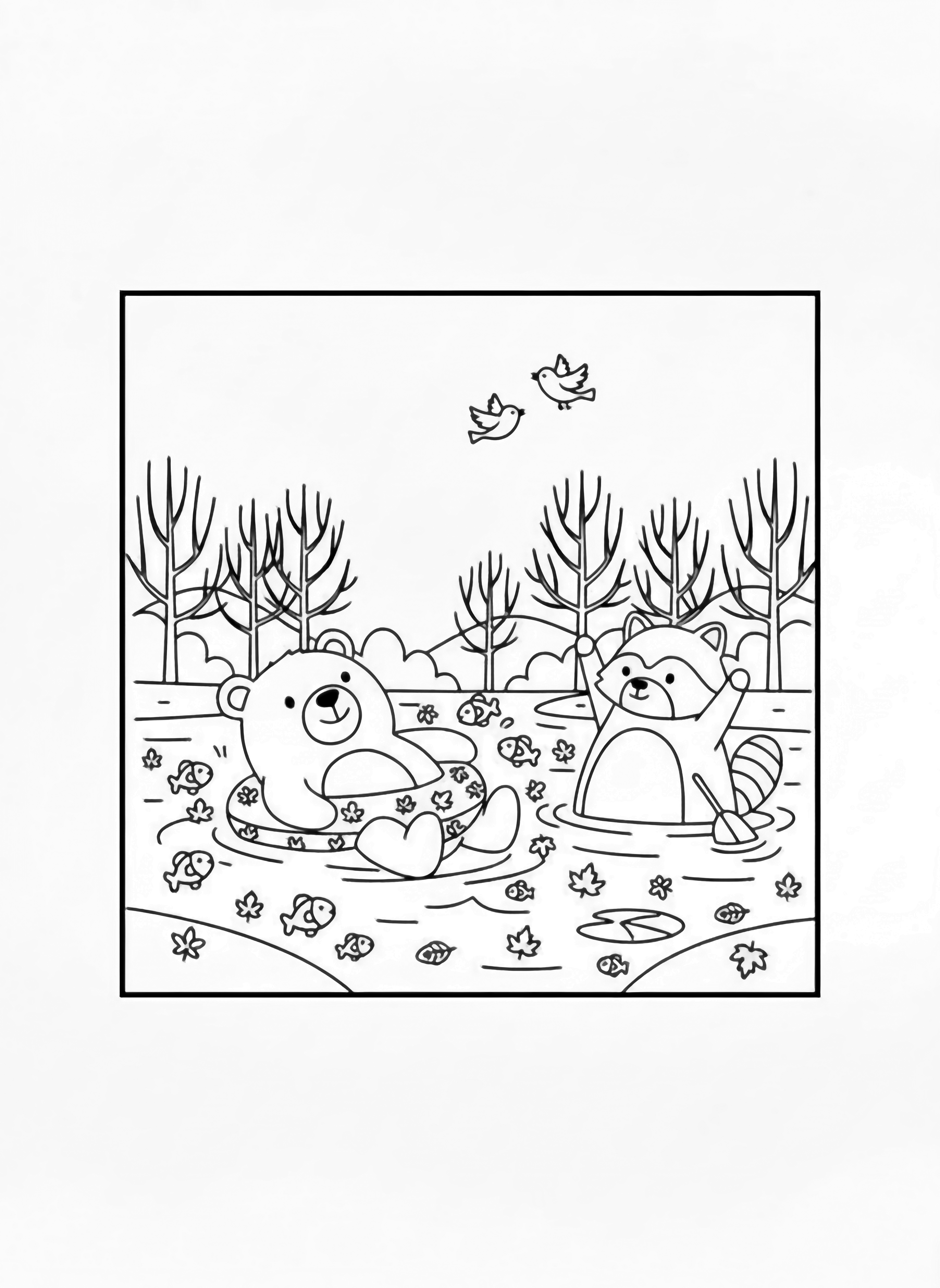 A black and white page showing a cheerful lake scene inside a bold black square frame A big round bear wearing a tiny swim ring floats on its back dot eyes smiling as tiny fish pop up to say hello Nearby a plump raccoon paddles with a leaf umbrella on its head its clean black and white line drawing minimal shading no colour no fill kleurplaat