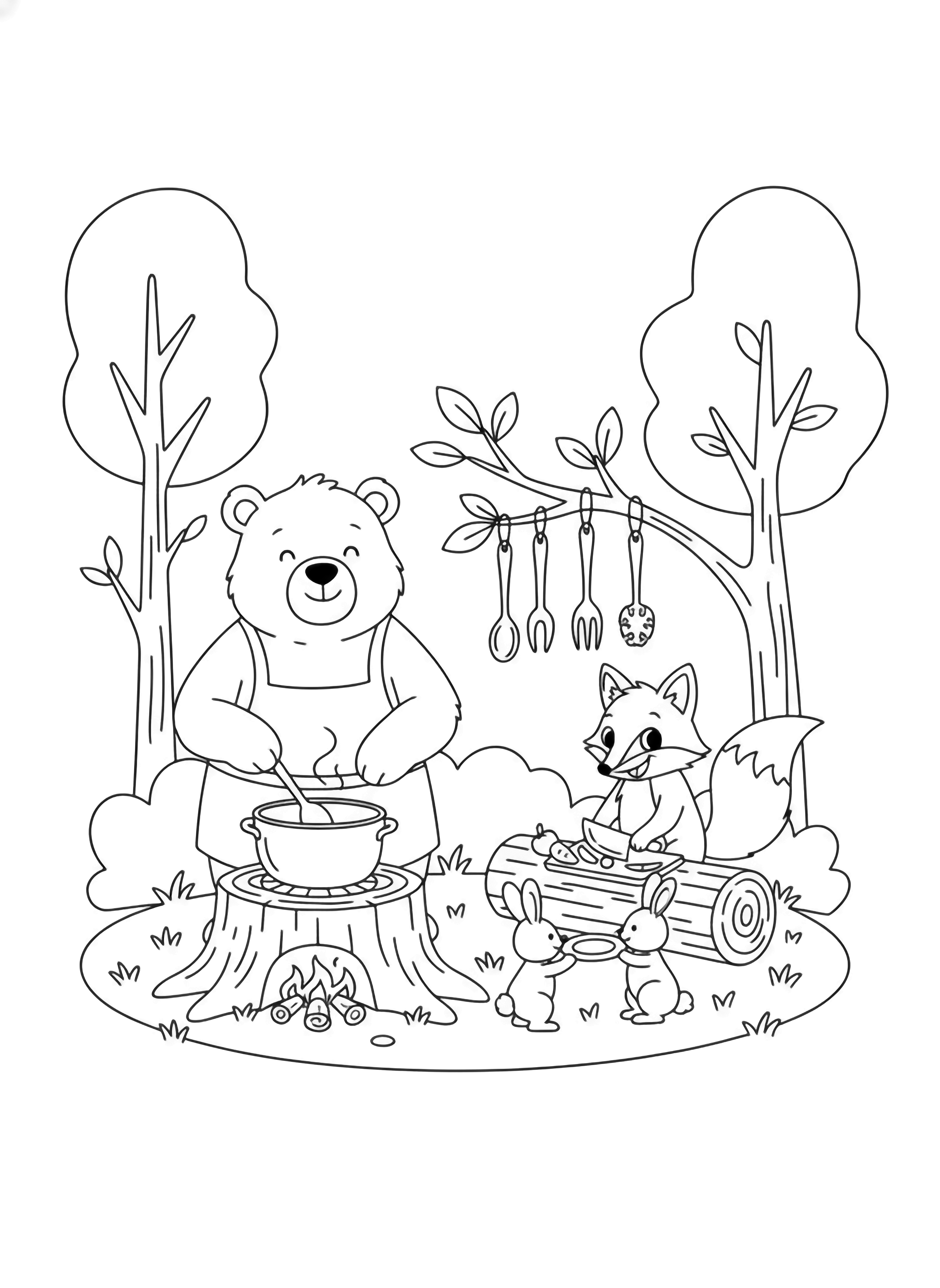 illustration on a A smiling bear stirs soup on a stump stove while a fox chops veggies on a log table; two bunnies set plates beneath hanging utensils all framed by simple trees and a big round sun clean black kleurplaat