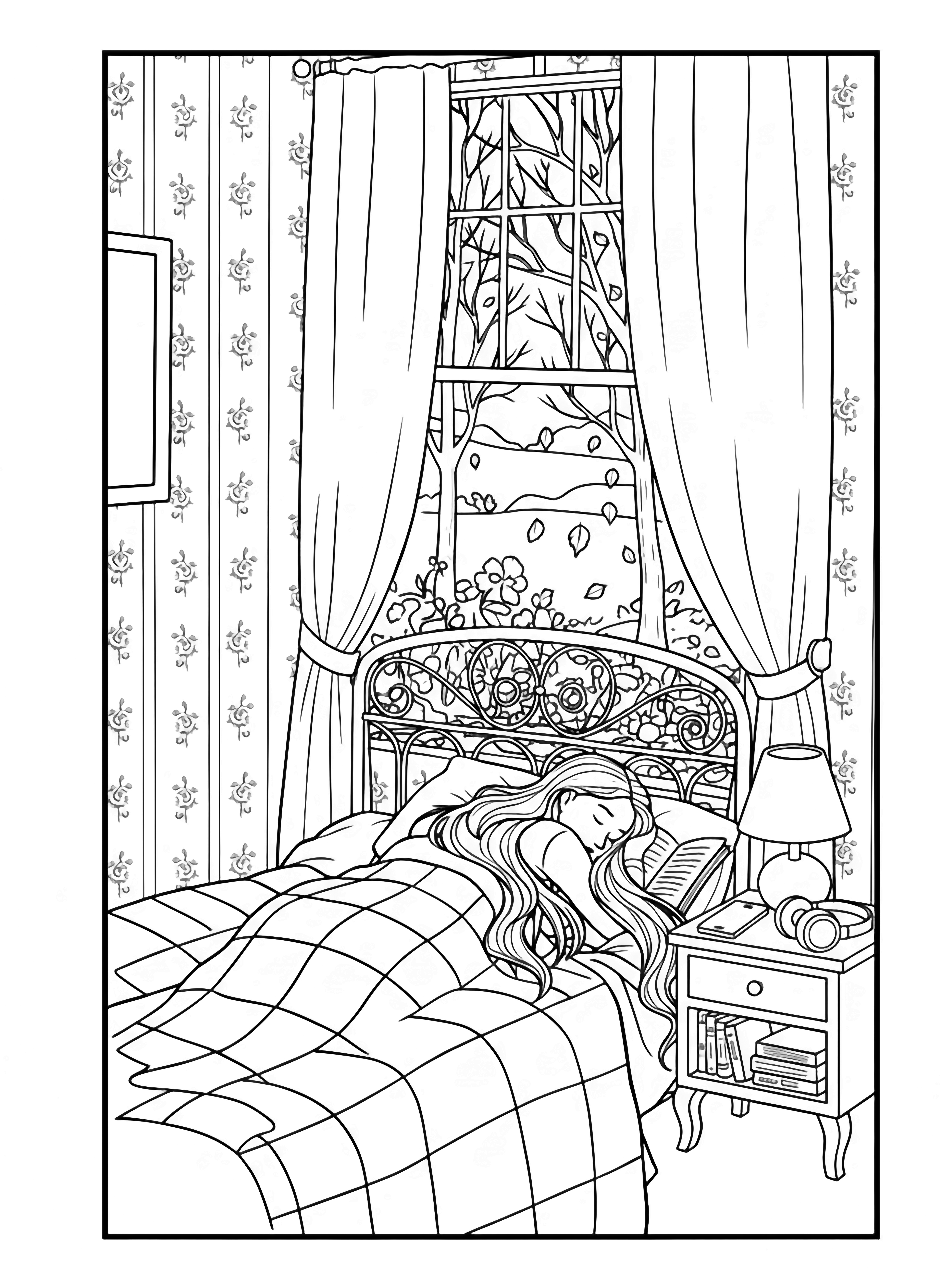 A cozy bedroom with a bed, metal headboard, and patterned quilt near a window with sheer curtains, looking out onto a bright natural landscape with potted plants on the sill. kleurplaat