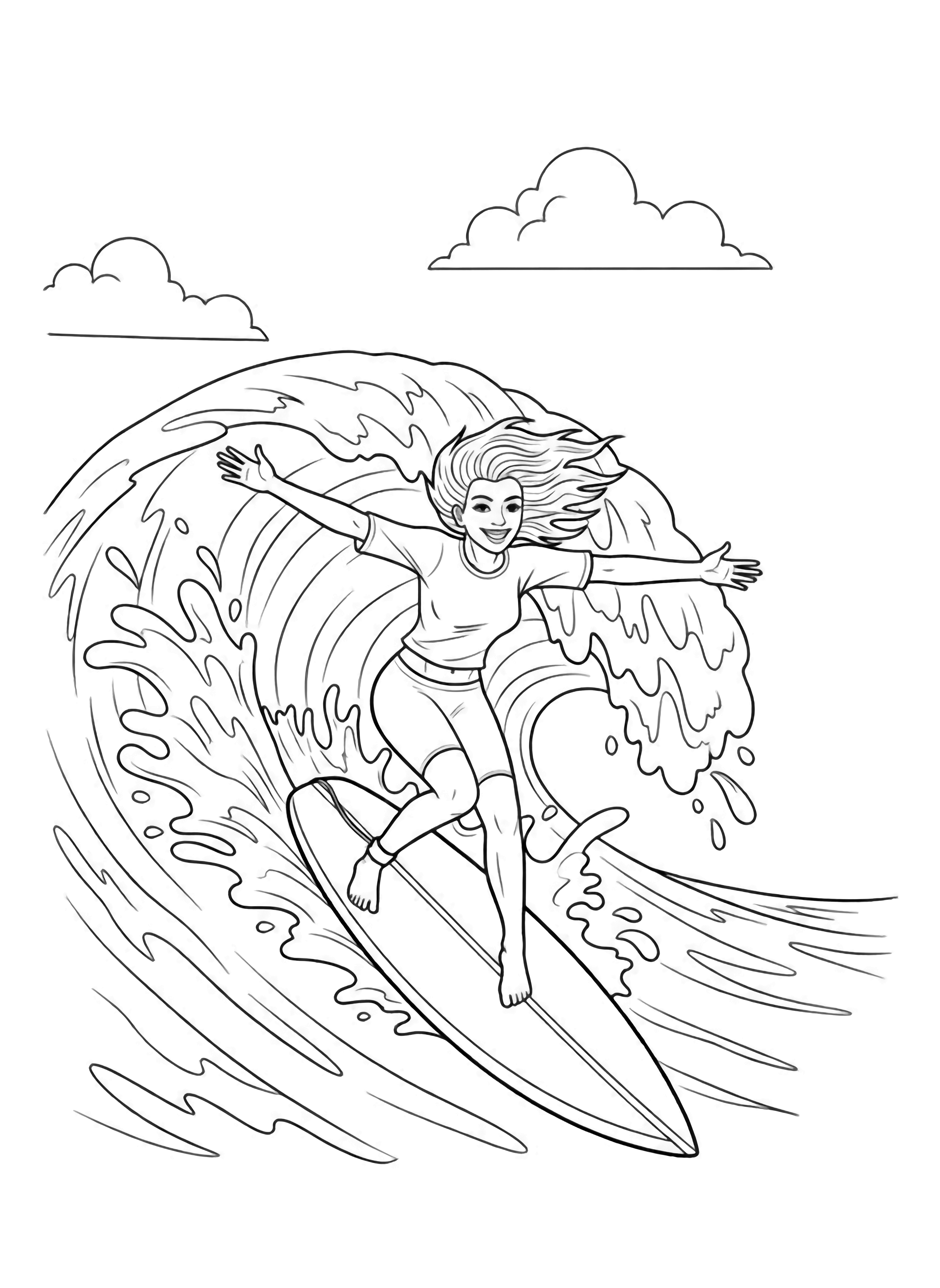 A smiling surfer woman rides a huge wave with arms wide, hair flowing, board tilted; simple sun, cloud, and splash outlines frame the scene. kleurplaat