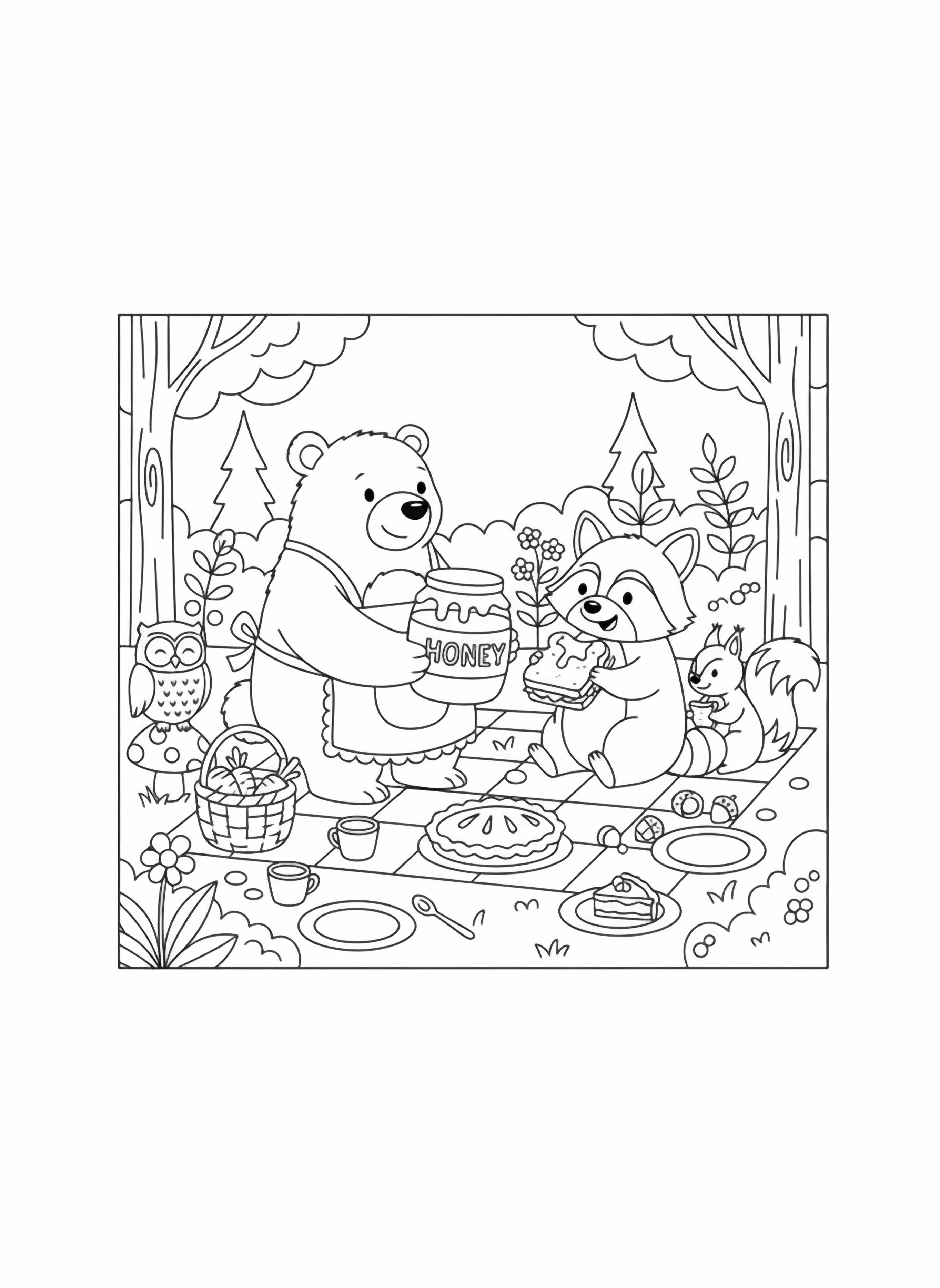 A black and white page showing a cheerful circle of forest animal friends enjoying a woodland picnic inside a neat square frame A plump bear wearing a tiny apron offers honey from a wide mouthed jar to a smiling raccoon who holds a jam sandwich Beside them a squirrel with a big fluffy tail clean black and white line drawing minimal shading no colour no fill kleurplaat