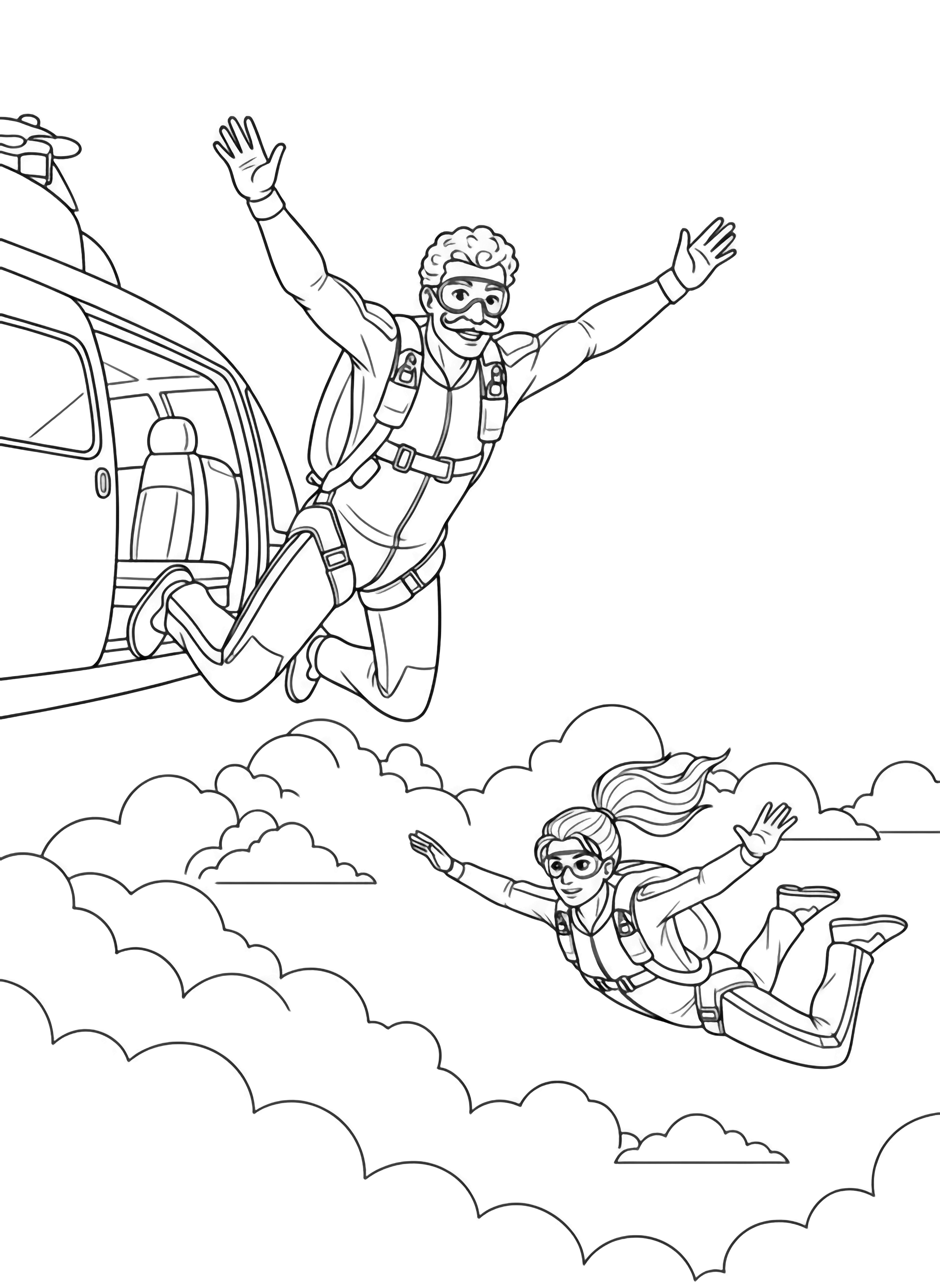 Two smiling skydivers, one jumping from a helicopter, the other free-falling below, both wearing parachute packs, with fluffy clouds around them. kleurplaat