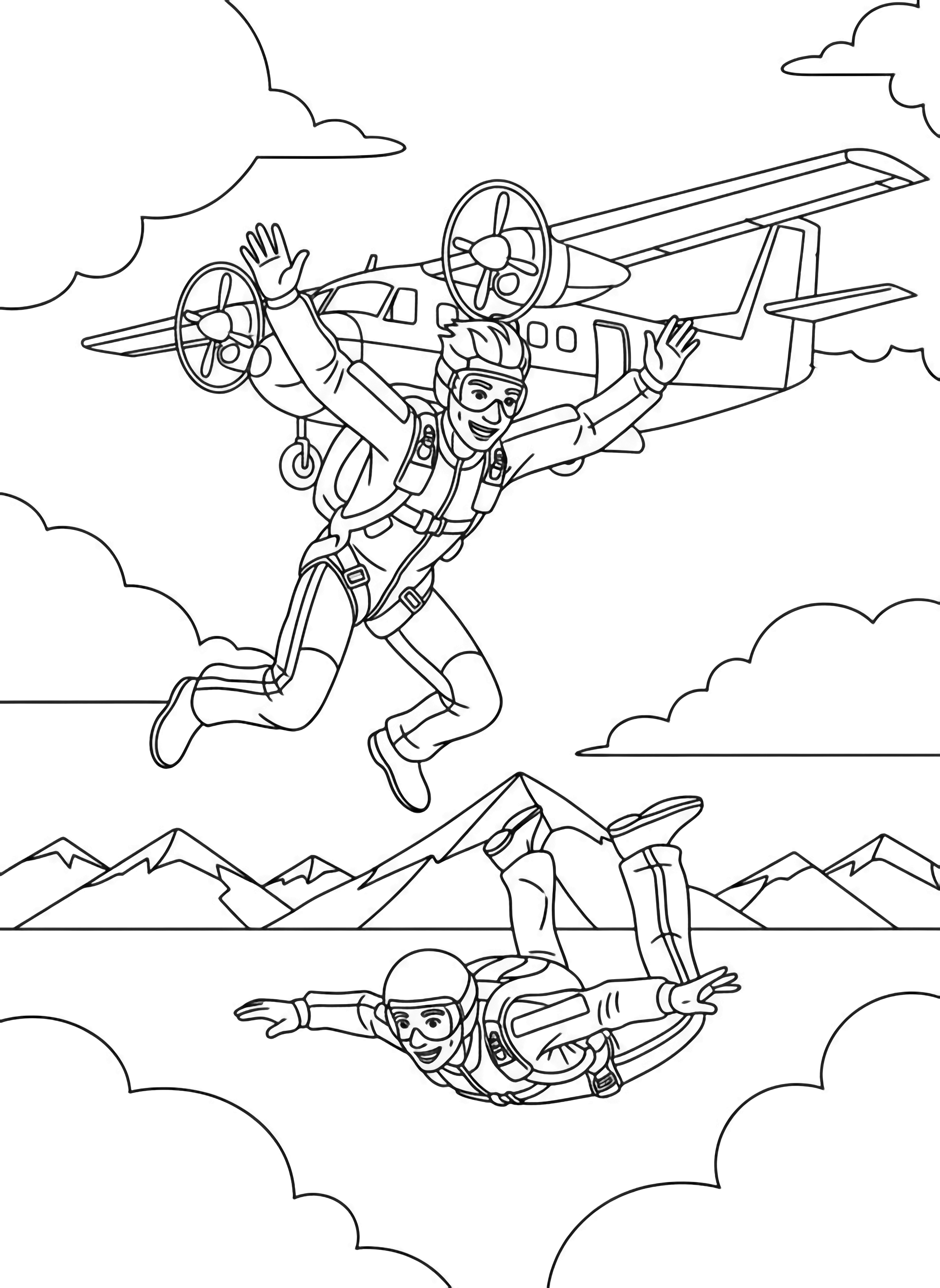 Two smiling skydivers in jumpsuits, one jumping from a Twin Otter with arms wide, the other free-falling below, framed by clouds and distant mountains. kleurplaat