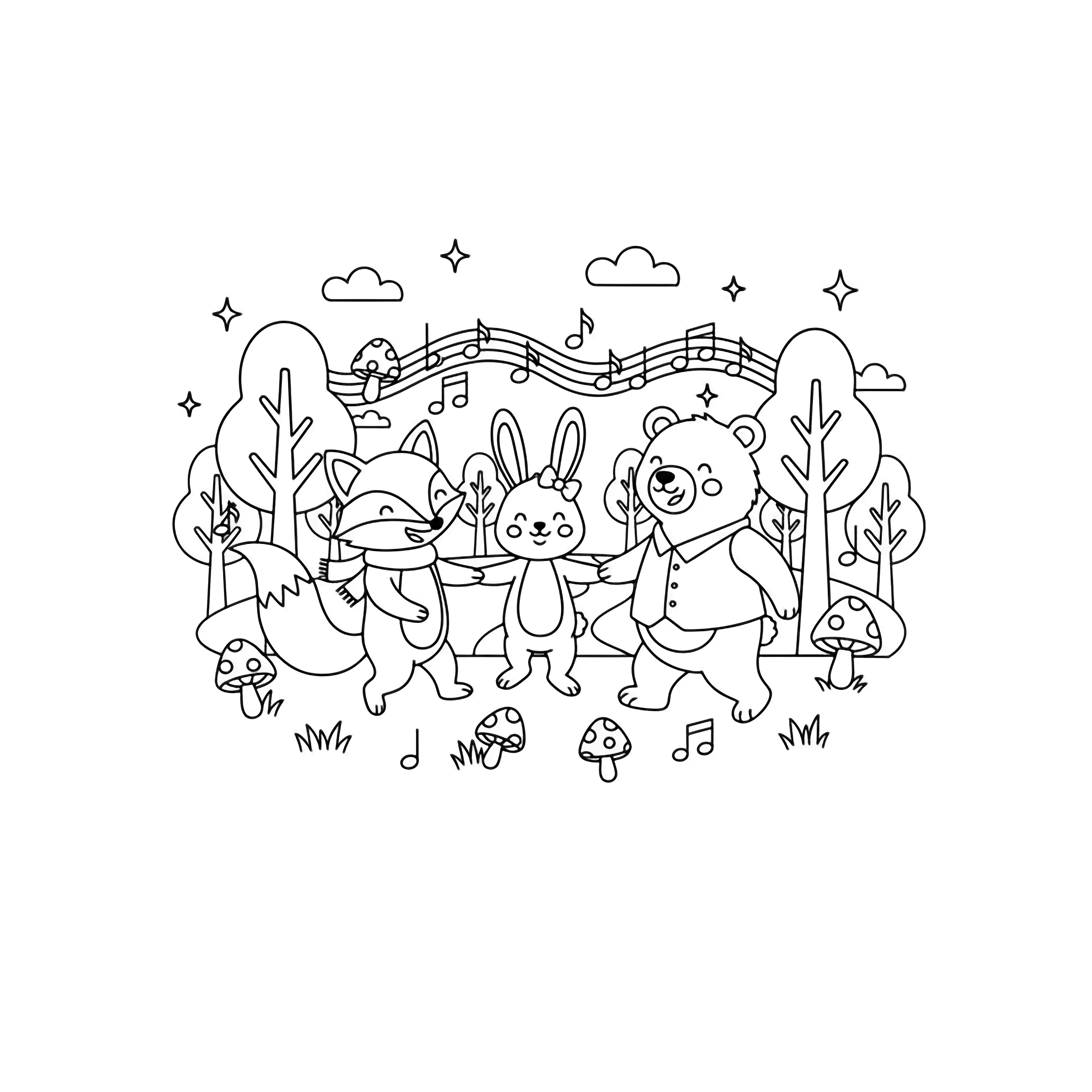 illustration on a Three smiling forest friends fox bunny bear link paws in a circle dance; simple trees mushrooms and musical notes frame the scene all in bold black outlines on white ready for clean black kleurplaat