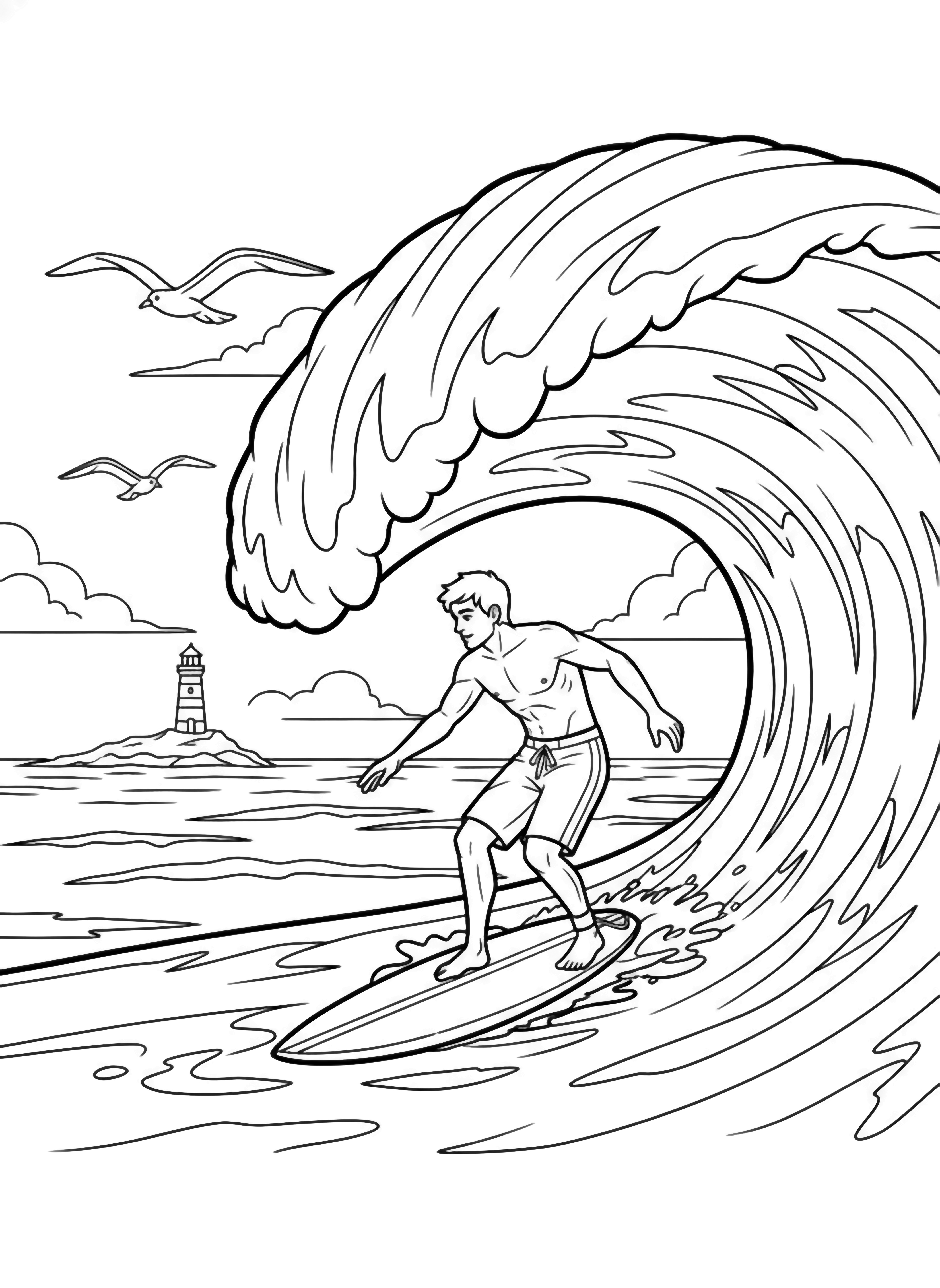 A focused surfer balances on his board inside a curling wave while seagulls wheel above a distant lighthouse. kleurplaat