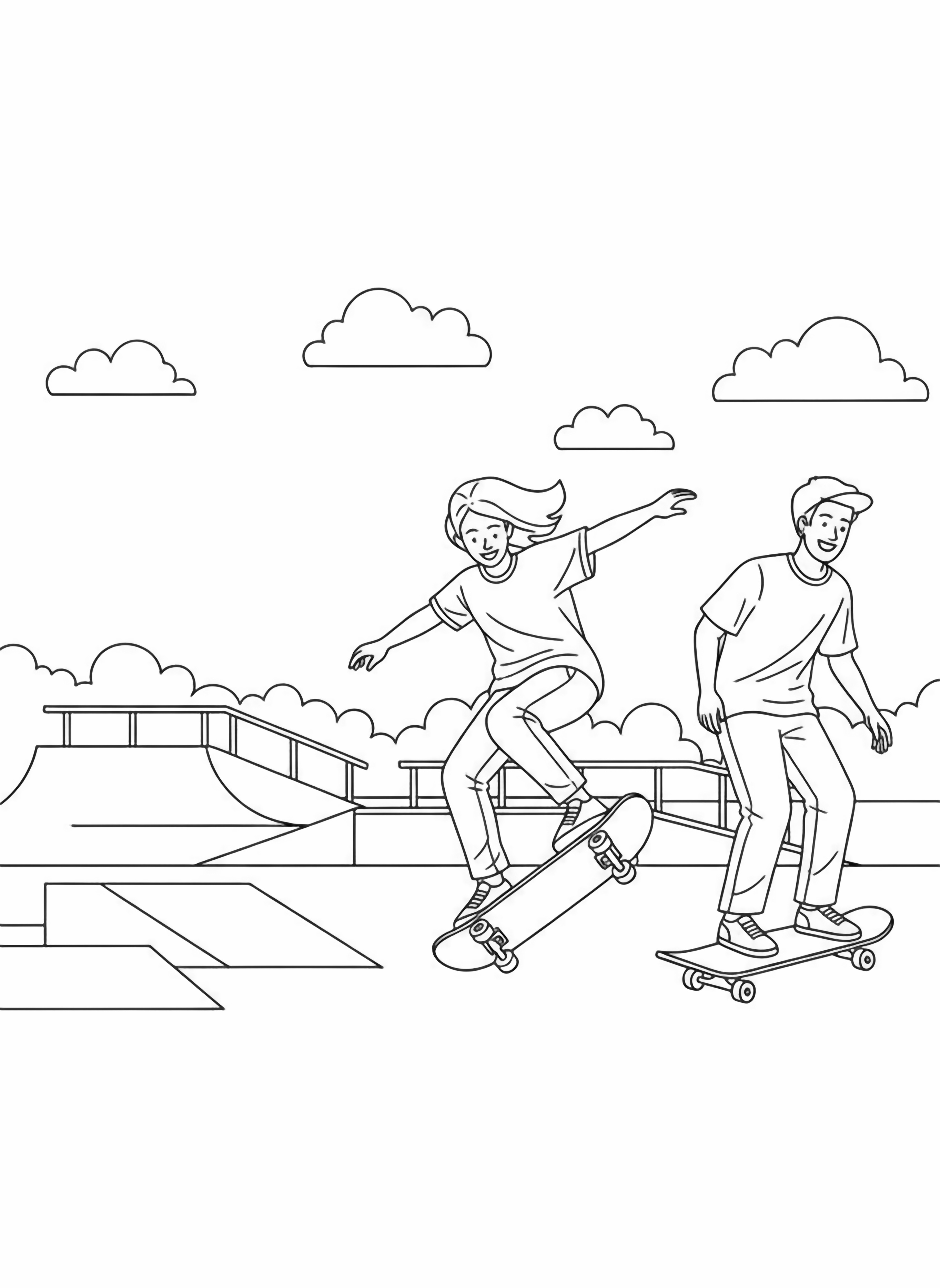 Two smiling adult skateboarders with distinct hairstyles and casual outfits ride side by side; one mid-kickflip, one cruising, with a small ramp, park rail and cloud outlines behind. kleurplaat