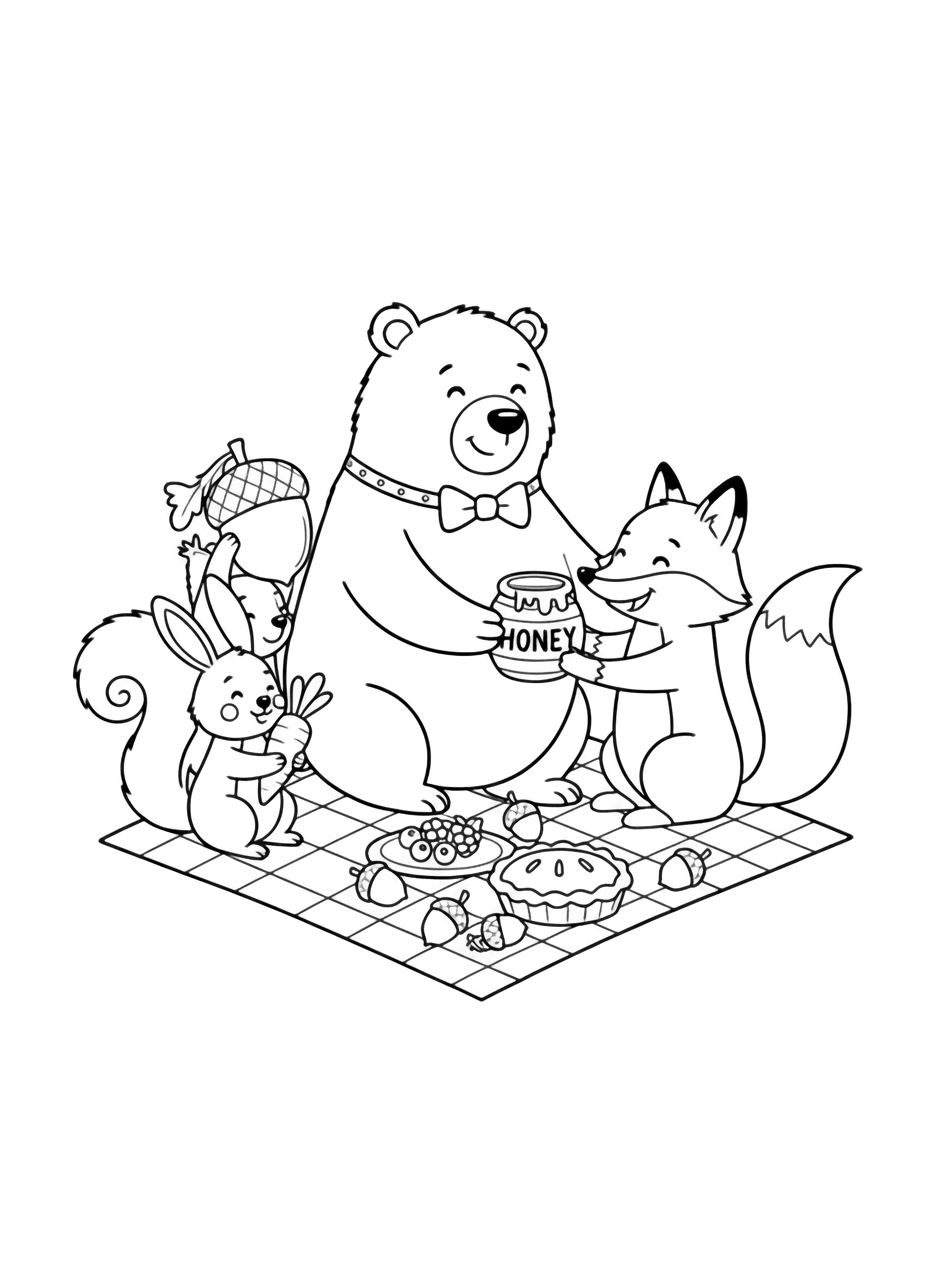 A black and white page showing a happy circle of forest friends having a picnic inside a bold square frame A big round bear wearing a tiny bowtie offers honey to a smiling fox with a fluffy tail A squirrel with a curly Q tail holds an oversized acorn like a trophy while a shy bunny clutches clean black and white line drawing minimal shading no colour no fill kleurplaat