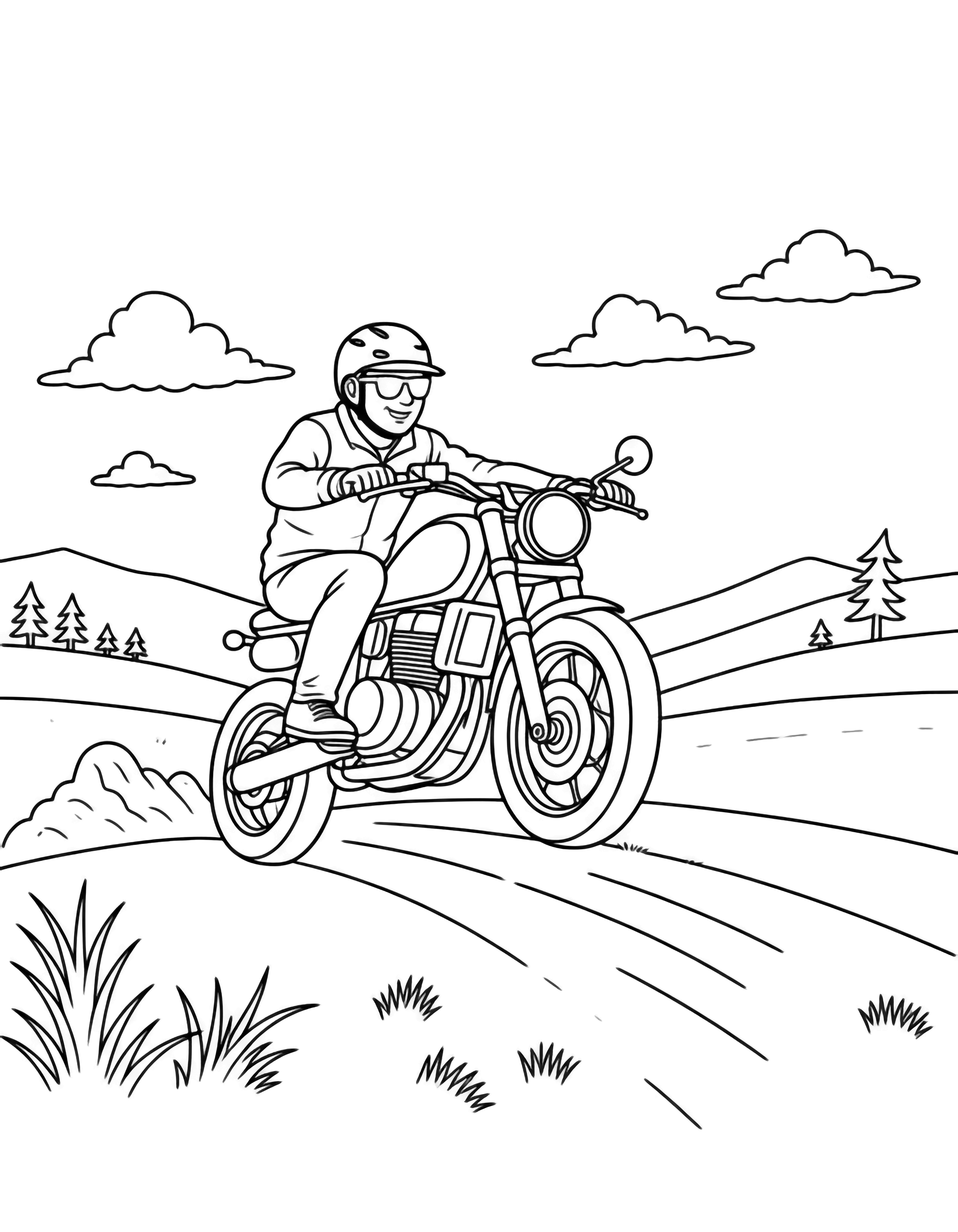 Two men pop wheelies on separate motorbikes over gentle hills, clouds and distant trees framing the scene. kleurplaat