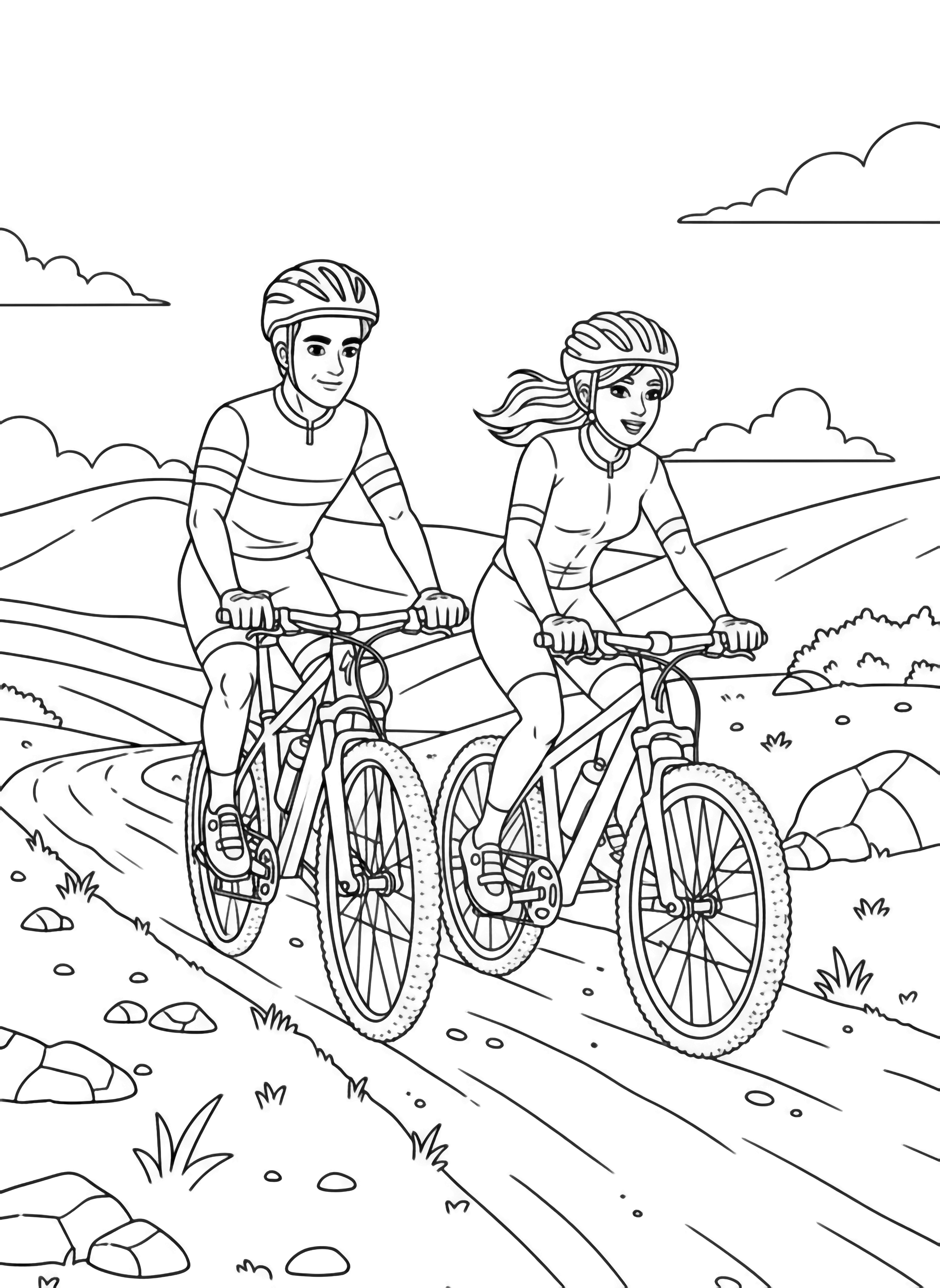 Two friends with different hairstyles and biking gear ride side-by-side along a simple mountain trail, wearing helmets and riding sturdy bikes across rolling hills. kleurplaat