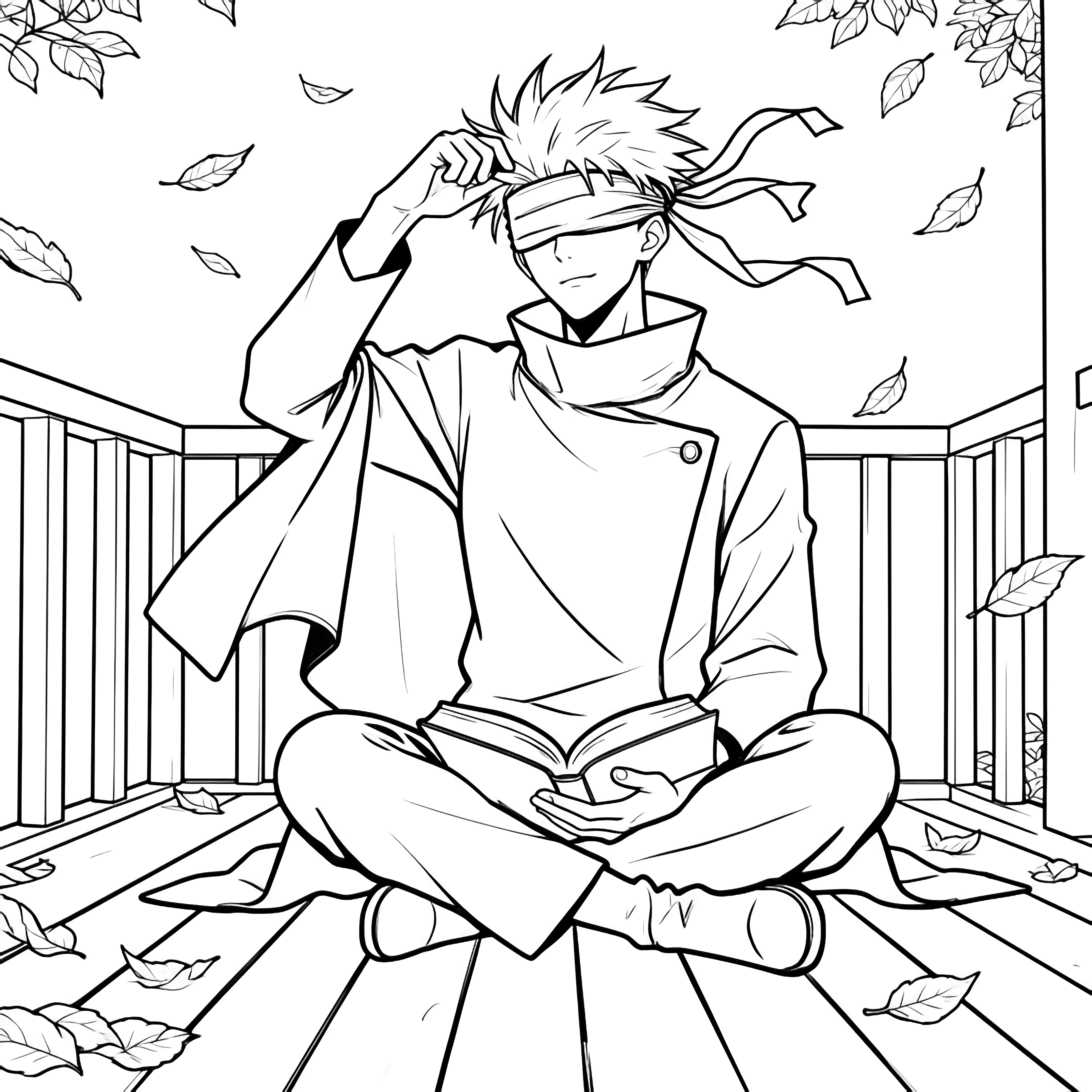 Gojo Satoru zit met gekruiste benen op een veranda een boek te lezen terwijl bladeren om hem heen dwarrelen, zijn blinddoek opgelift en de zoom van zijn jas omhoog. kleurplaat