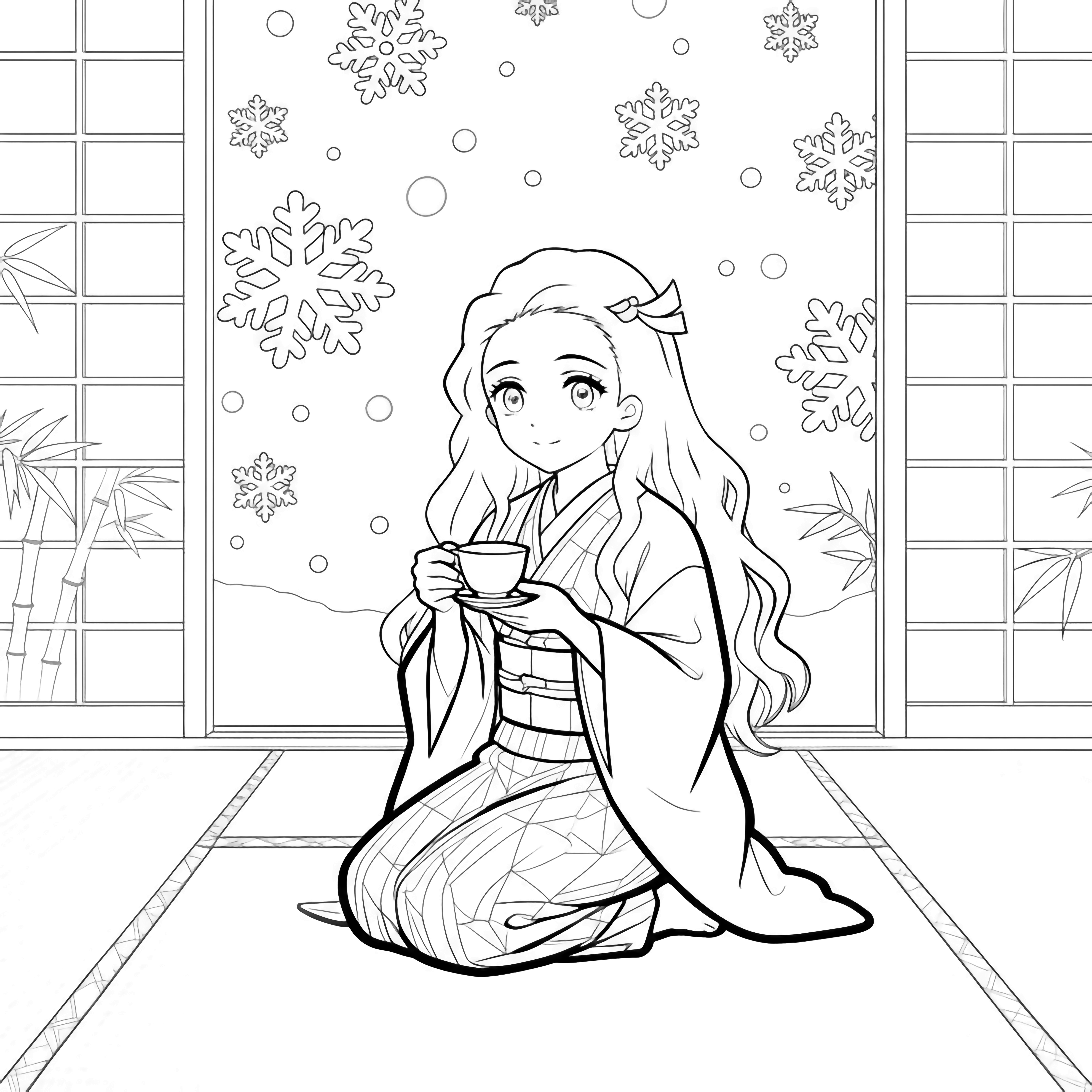 Nezuko kneels on tatami in an open kimono, holding a teacup; paper window behind shows falling snow and a bamboo silhouette. kleurplaat