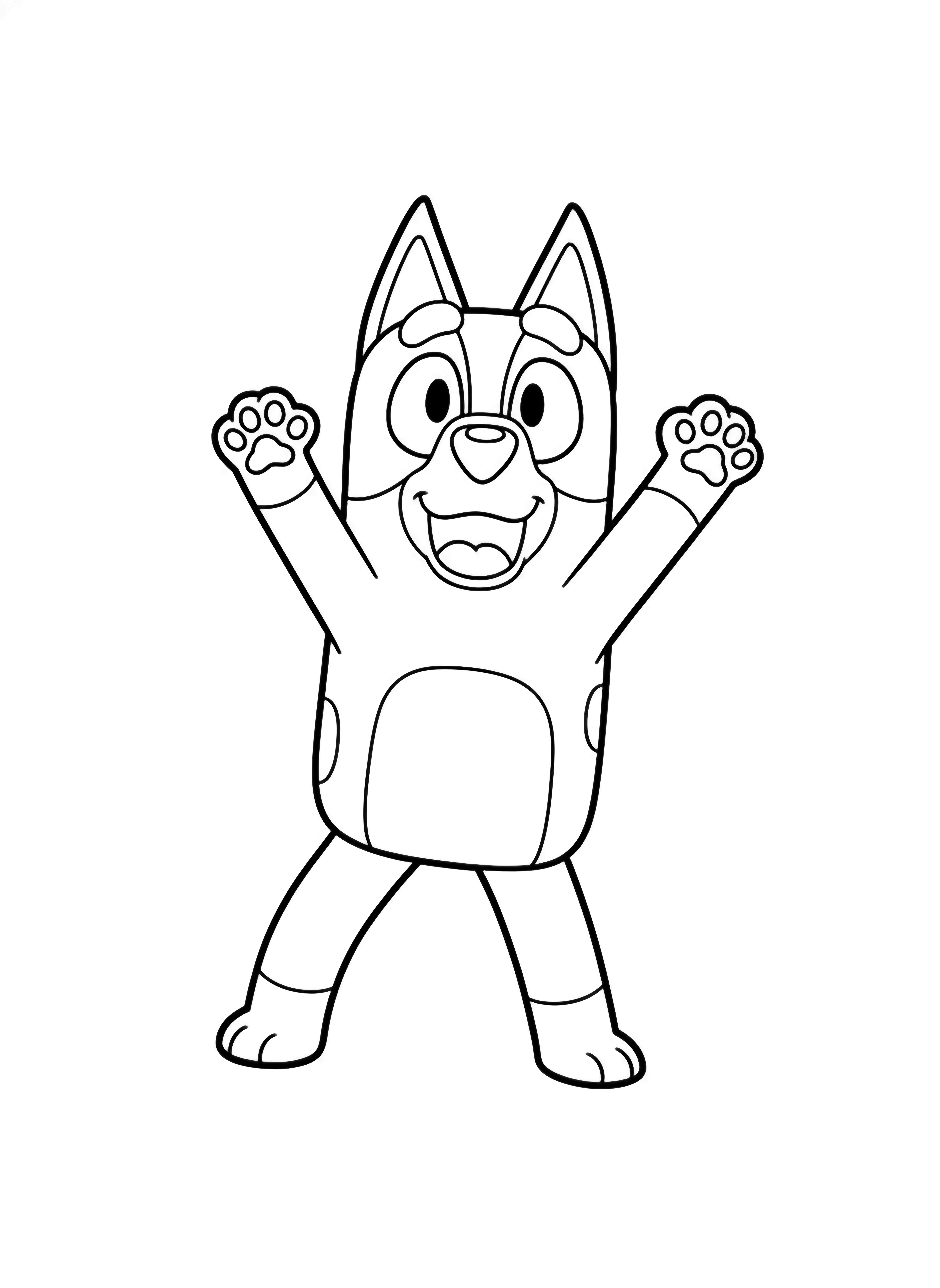 Bluey the pup stands frontally, mouth open in a big smile, both forepaws raised high, floppy ears, curled tail, sturdy legs apart. kleurplaat
