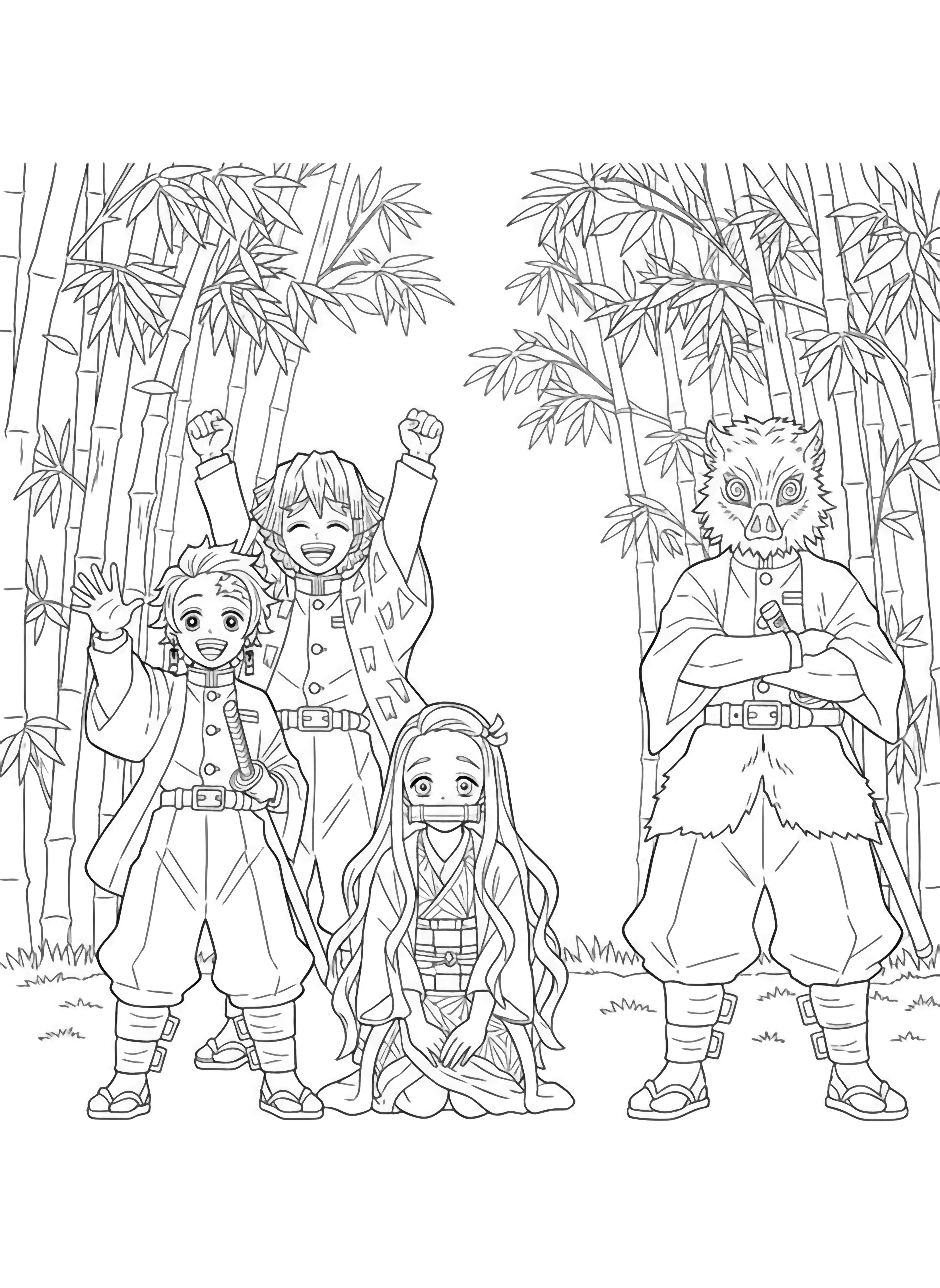Tanjiro waves, Zenitsu cheers, Nezuko kneels, Inosuke stands proud; bamboo forest behind. kleurplaat
