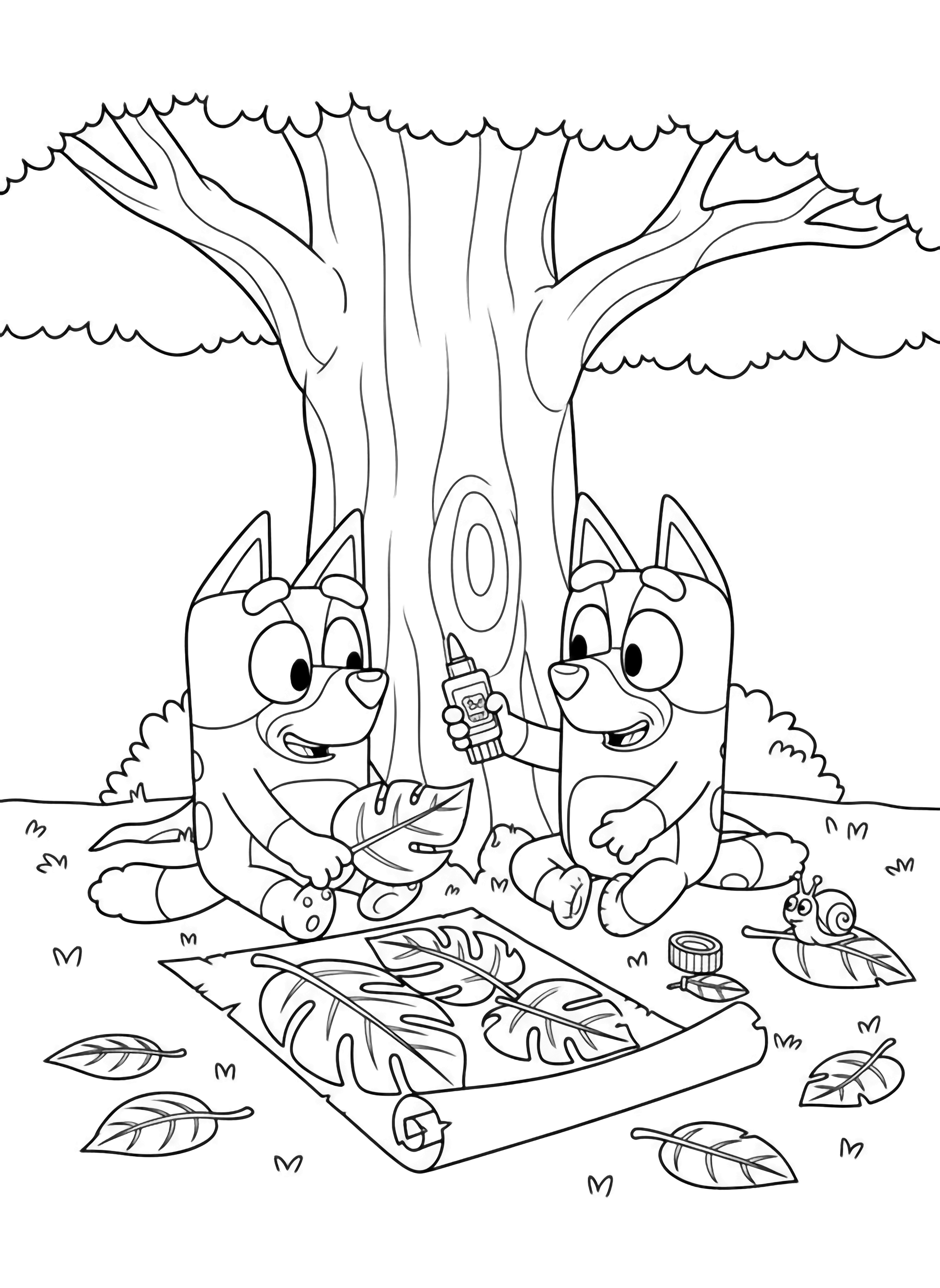 Bluey and Chase sit cross-legged under a big tree, gluing oversized leaves onto a scroll; tiny snail watches, leaves scattered on the ground. kleurplaat