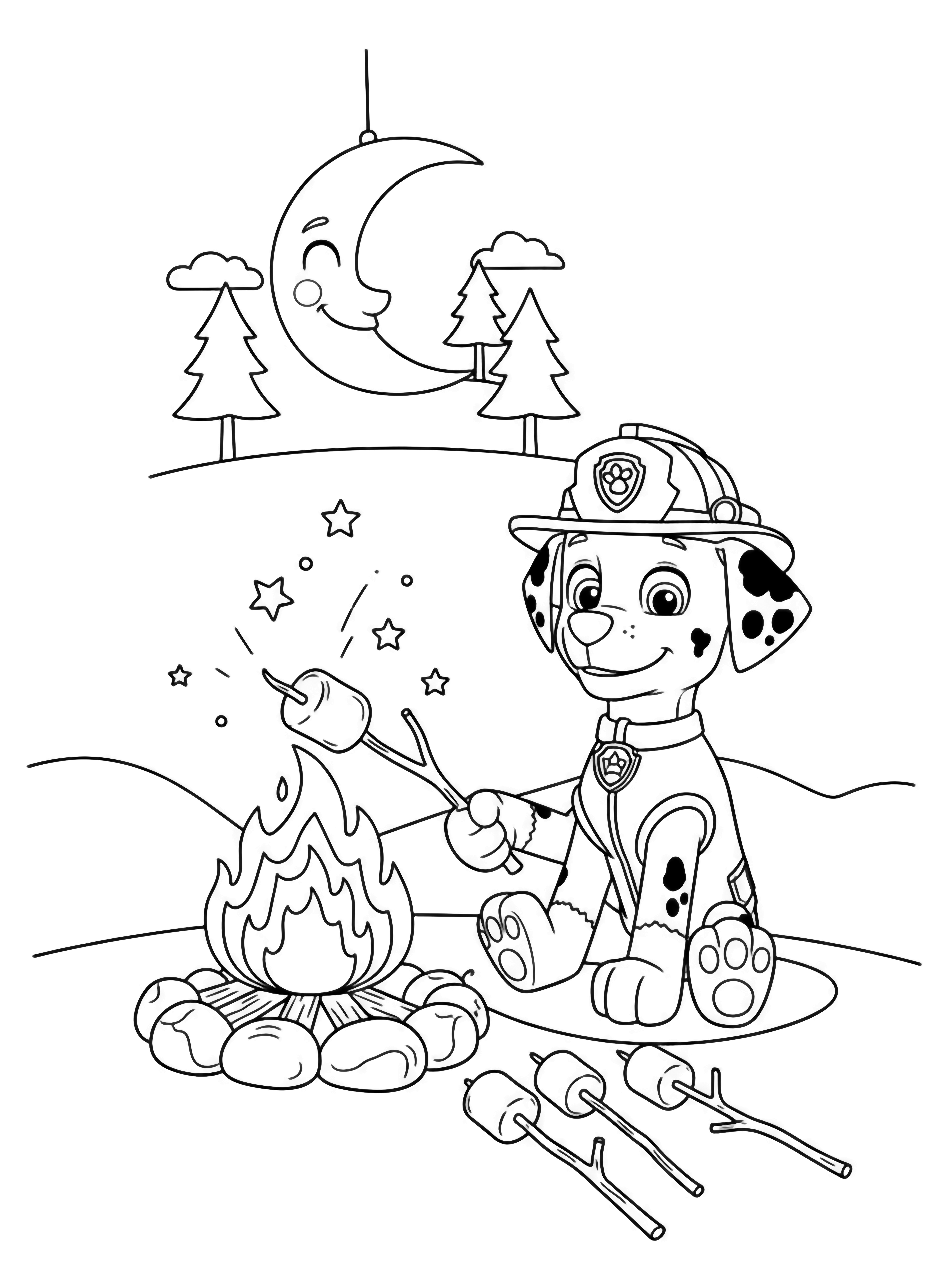 Marshall the Dalmatian sits cross-legged by a campfire, toasting a giant marshmallow; three more sticks wait nearby, starry sparks rise, a smiling moon and two small trees watch. kleurplaat
