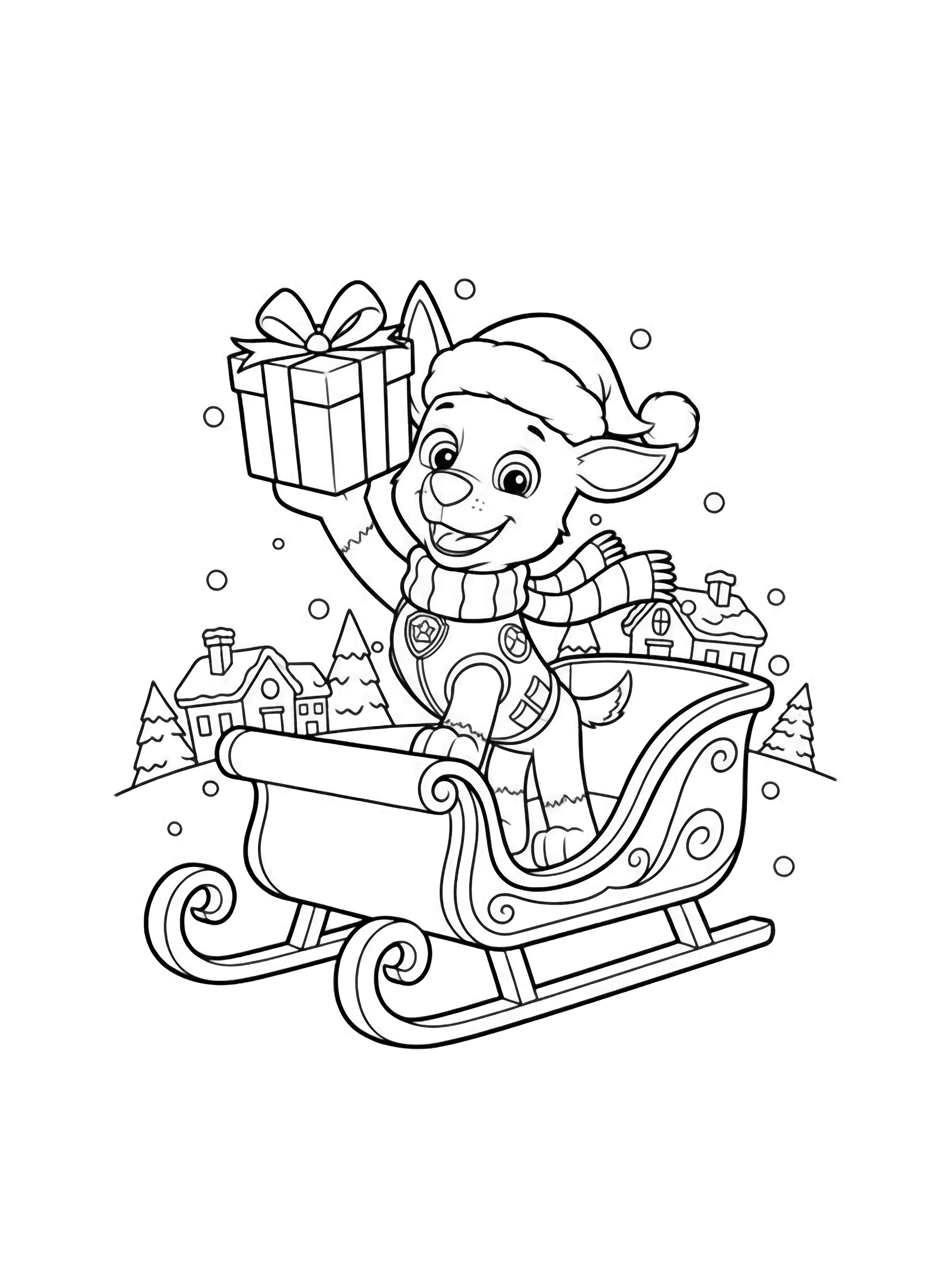 illustration on a Chase the police pup stands on a sleigh wearing a fluffy Santa hat and striped scarf holding a present high; simple snow dusted rooftops and tiny trees line the background all in bold for easy clean black kleurplaat