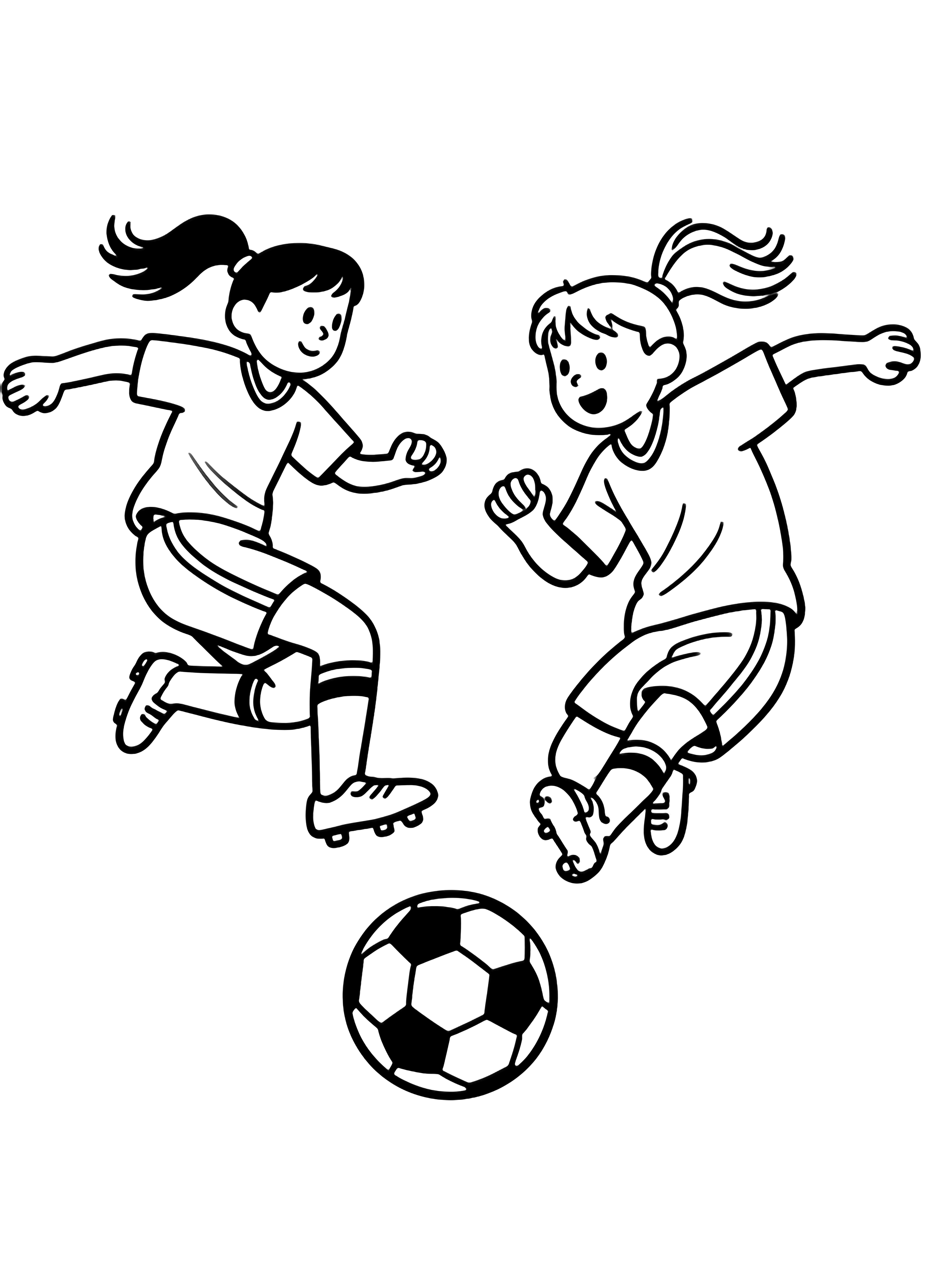 Two leaping soccer players, ponytails flying, both reaching for the ball at center, wearing jerseys, shorts, socks, and gloves. kleurplaat