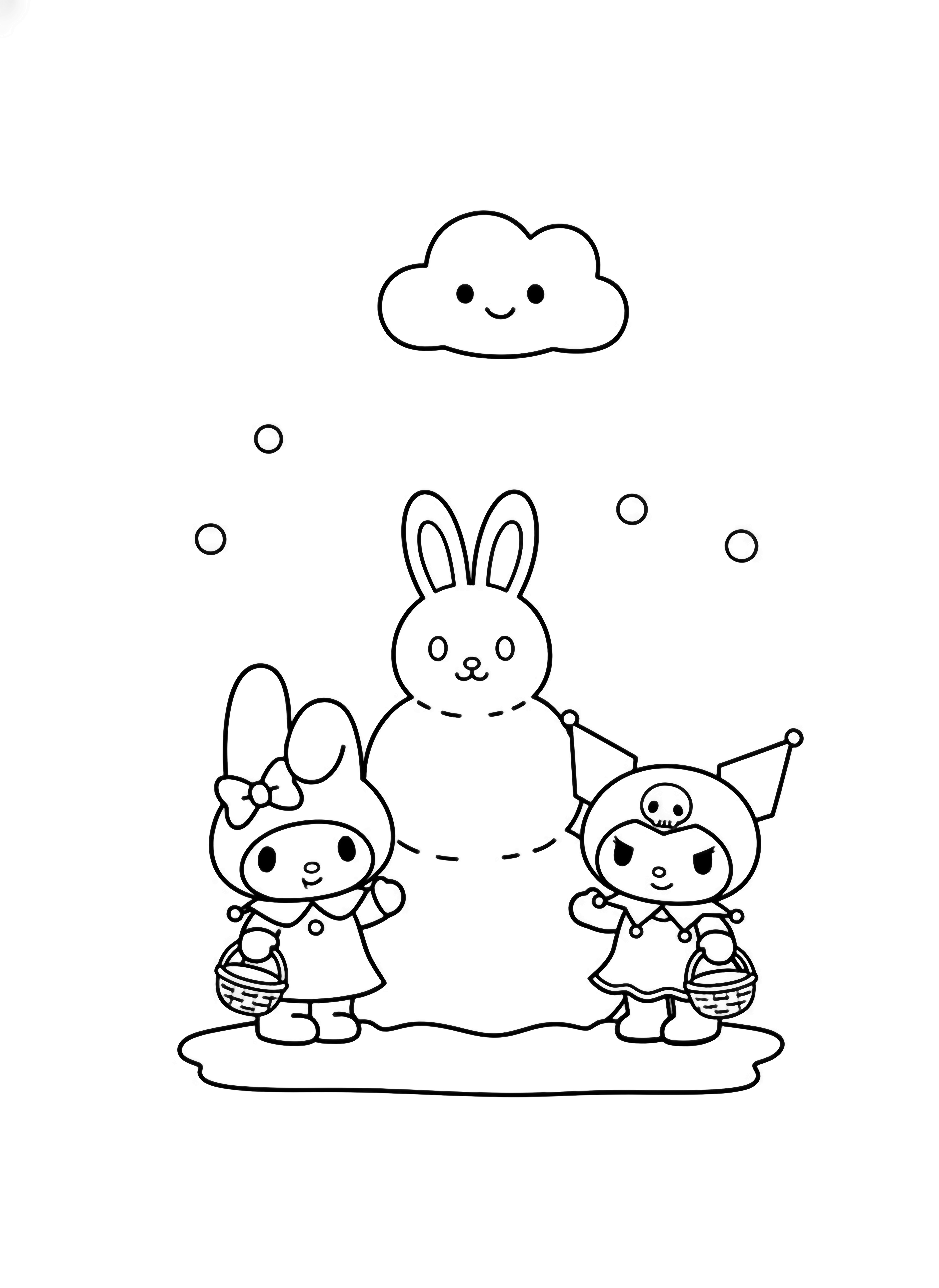 My Melody and Kuromi stand beside a tall snow bunny sculpture, each holding an empty basket, with falling snowflakes and a smiling cloud above. kleurplaat