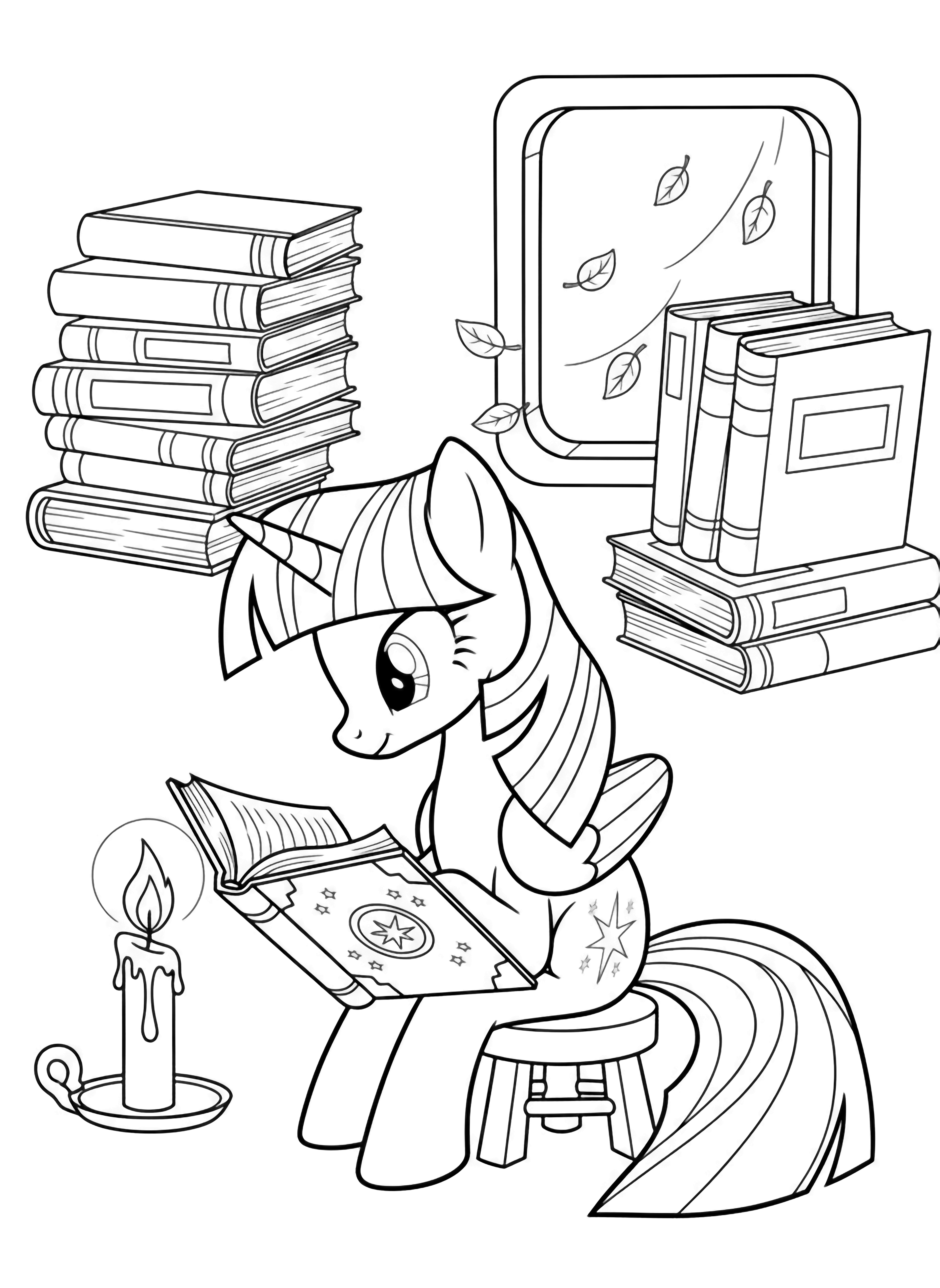 Twilight Sparkle sits on a tiny stool, head bowed over an open spellbook; nearby candle, stacked books, simple window, drifting leaves. kleurplaat