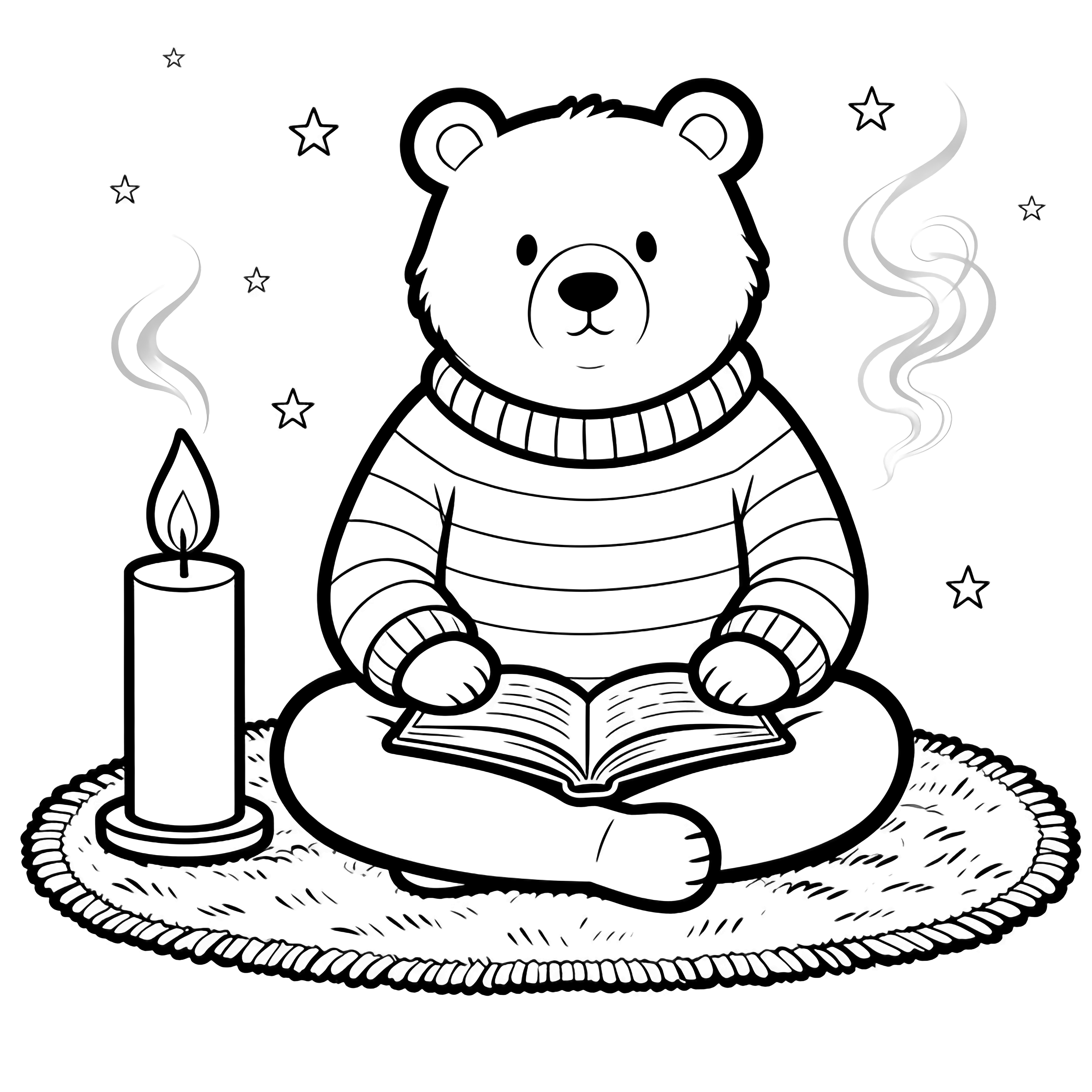 A calm bear in a striped sweater sits cross-legged on a rug, reading an open book, a tall candle beside him, tiny stars and smoke curls drifting around. kleurplaat
