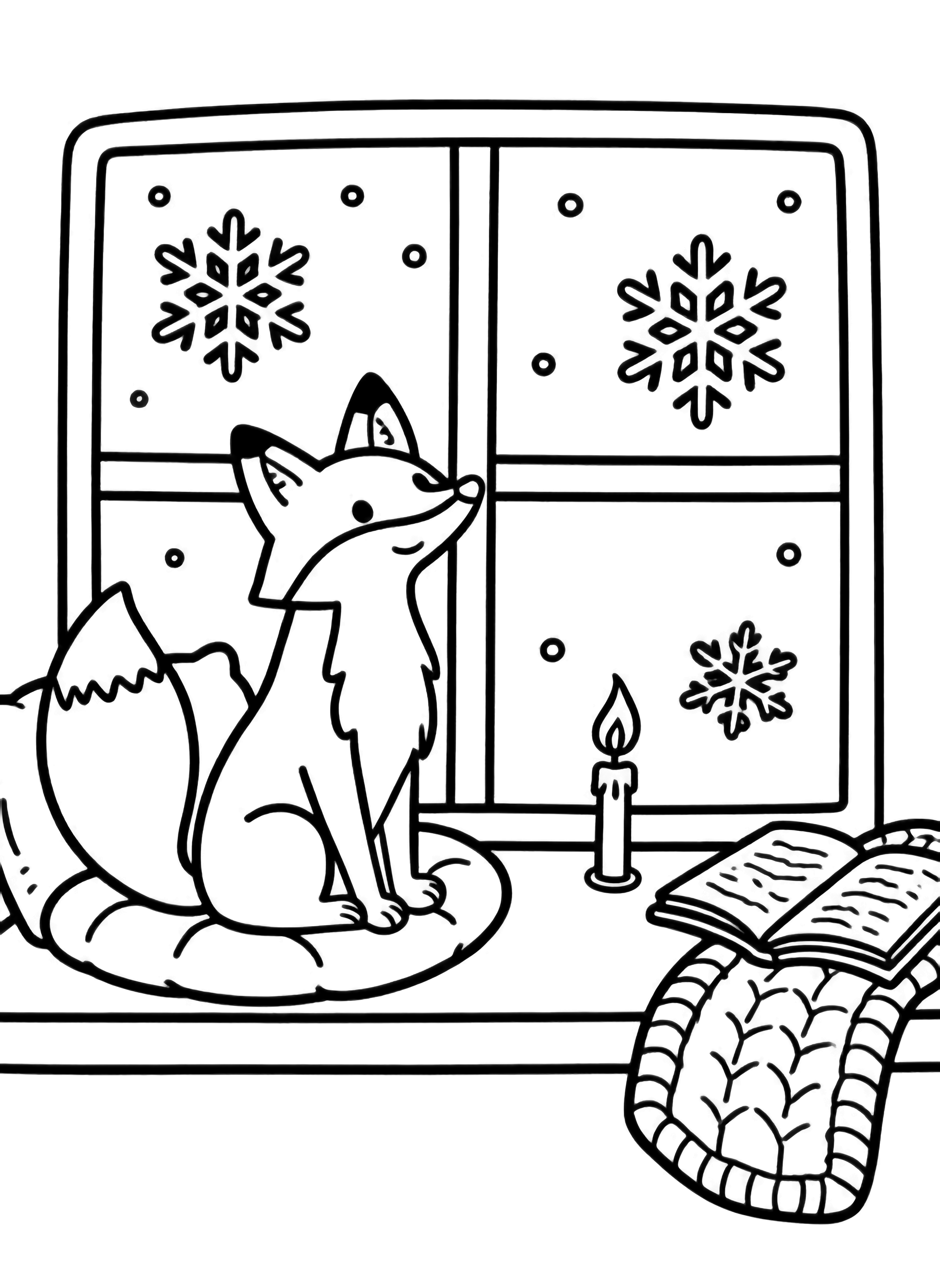 A fox sits on a cushioned window sill; snowflake-etched glass, a tall candle flame, empty mugs, an open book and a knit blanket surround it. kleurplaat