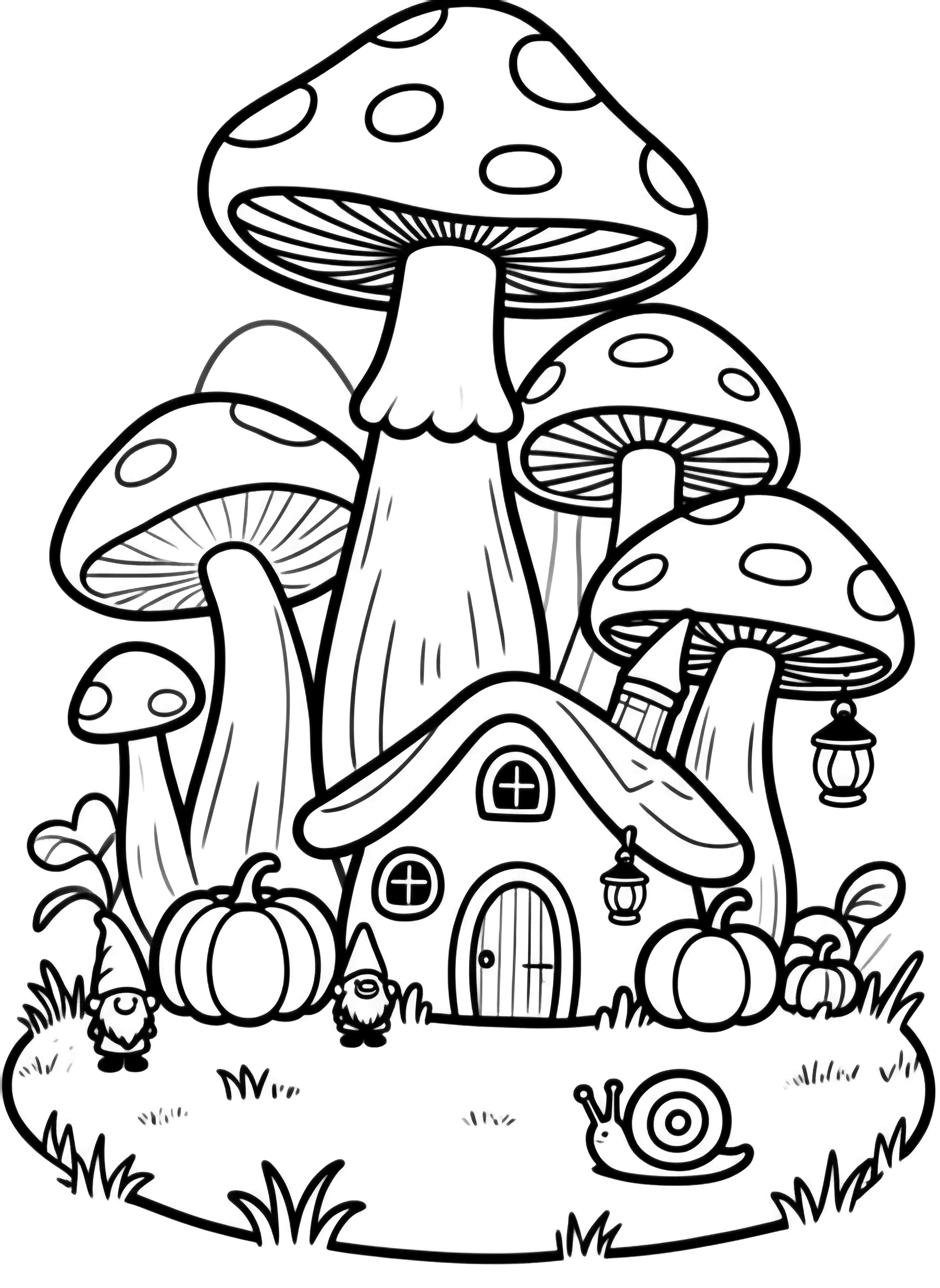 illustration on a A cluster of giant mushrooms towers over a tiny gnome hamlet; round door cottages plump pumpkins and hanging lanterns dot the soft forest floor all framed by simple grass lines and a distant snail clean black kleurplaat
