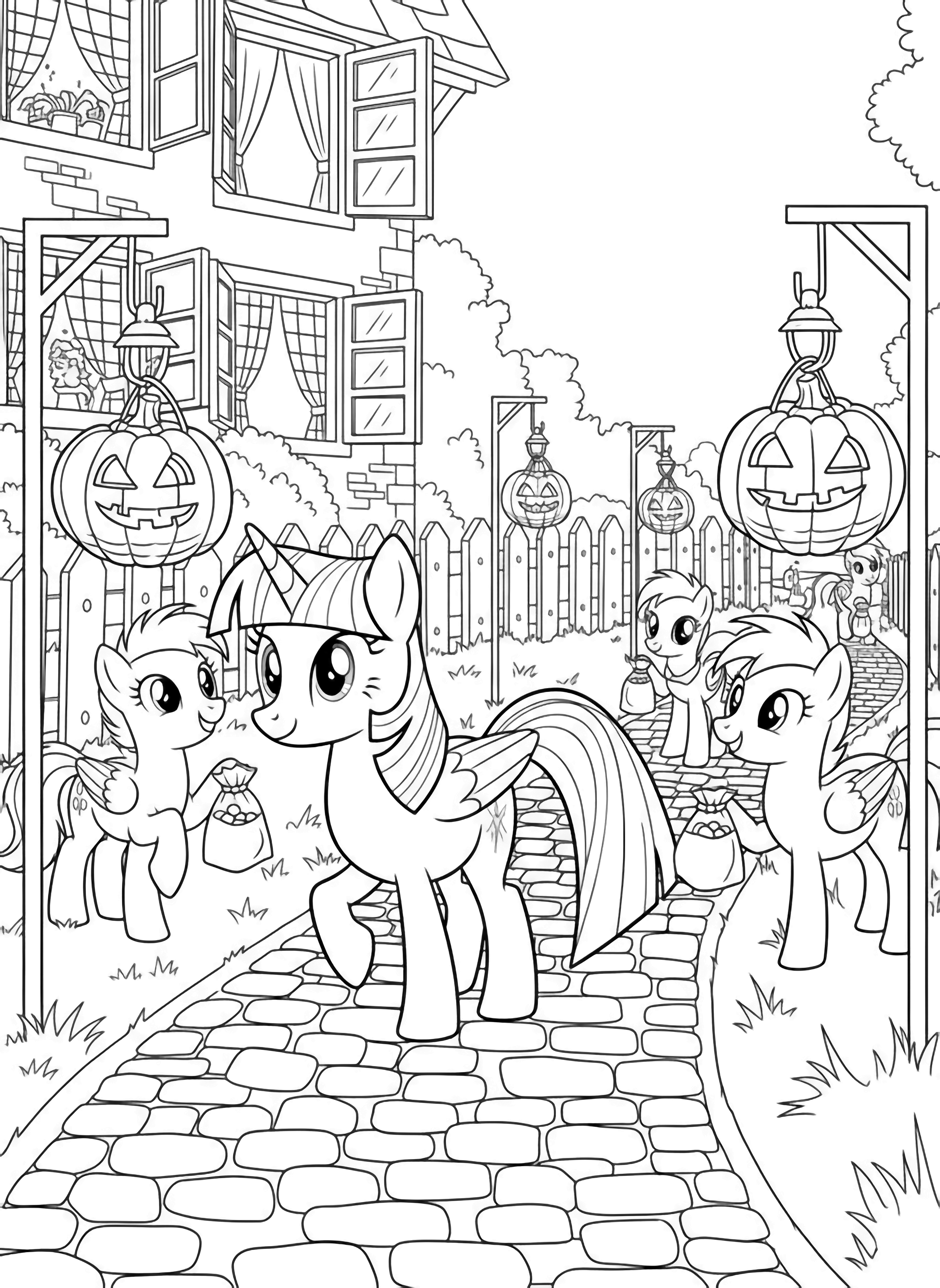 Twilight Sparkle trots along a cobblestone lane past pumpkin baskets, lantern frames, smiling foals offering treats, cottage windows, and picket fences. kleurplaat