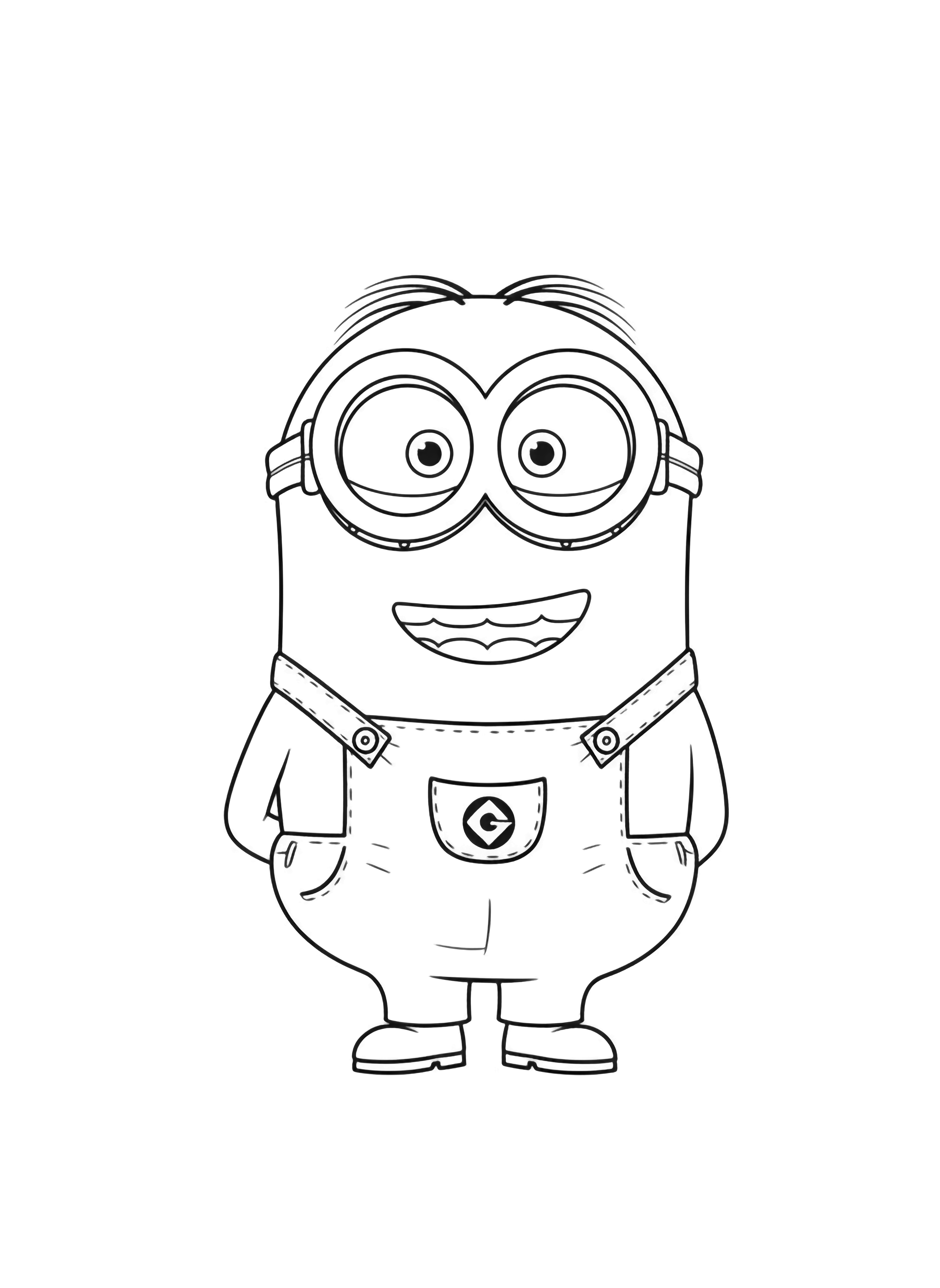 Vrolijke Minion staat glimlachend, handen op de rug, met een bril en een tuinbroek met zak; klein zonnetje boven een simpele grondlijn. kleurplaat