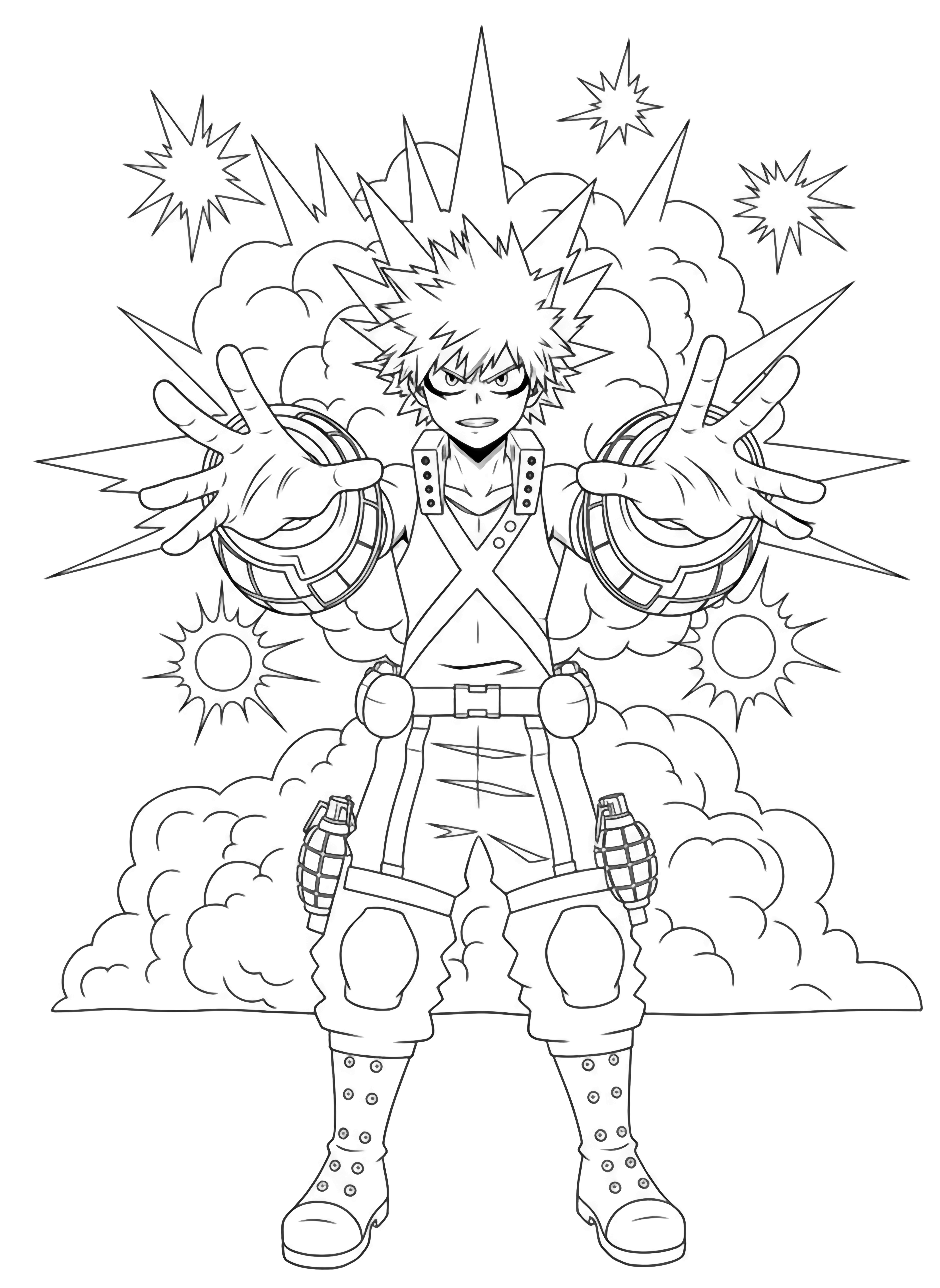 Bakugo stands heroically with palms out and spiky hair, cloud-bursts and jagged blast rings behind him. kleurplaat
