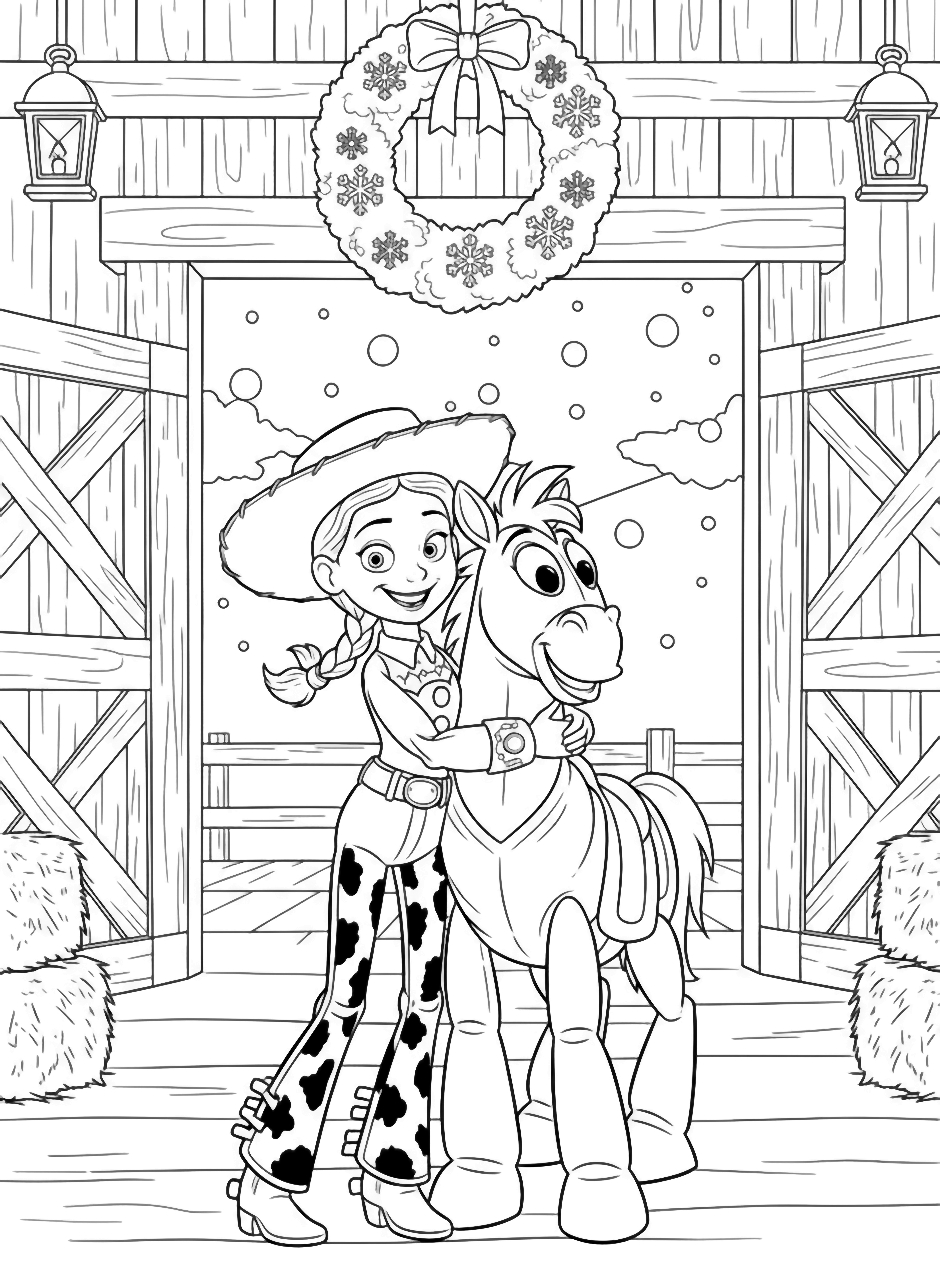 illustration on a Jessie stands hugging Bullseye inside a simple barn; both smile beneath a hanging wreath snowflakes drifting outside the open doors lanterns and hay bales sketched for easy clean black kleurplaat