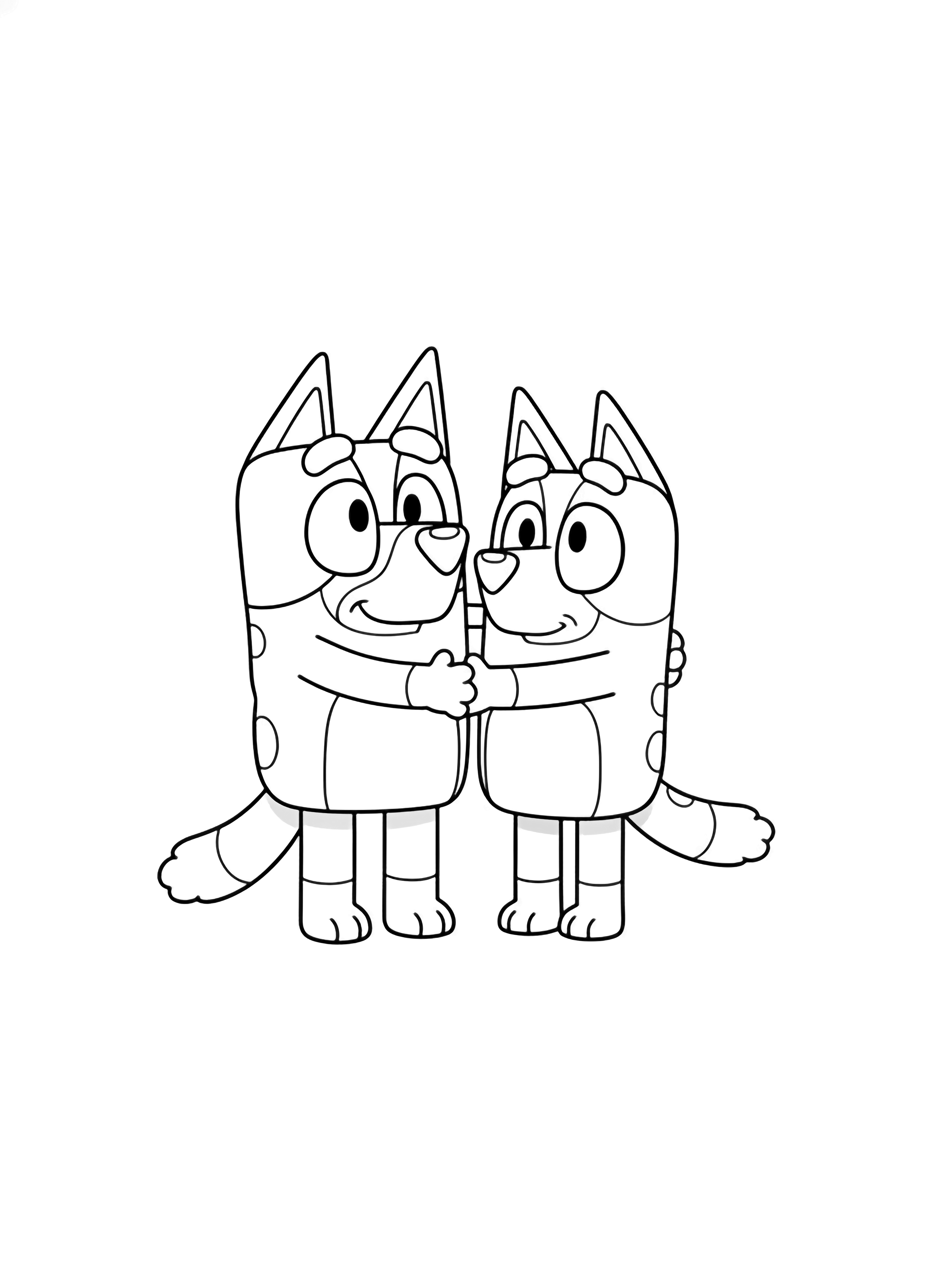 Bluey and Bingo hugging each other, standing face-to-face, simple bold outlines, empty white space around them. kleurplaat