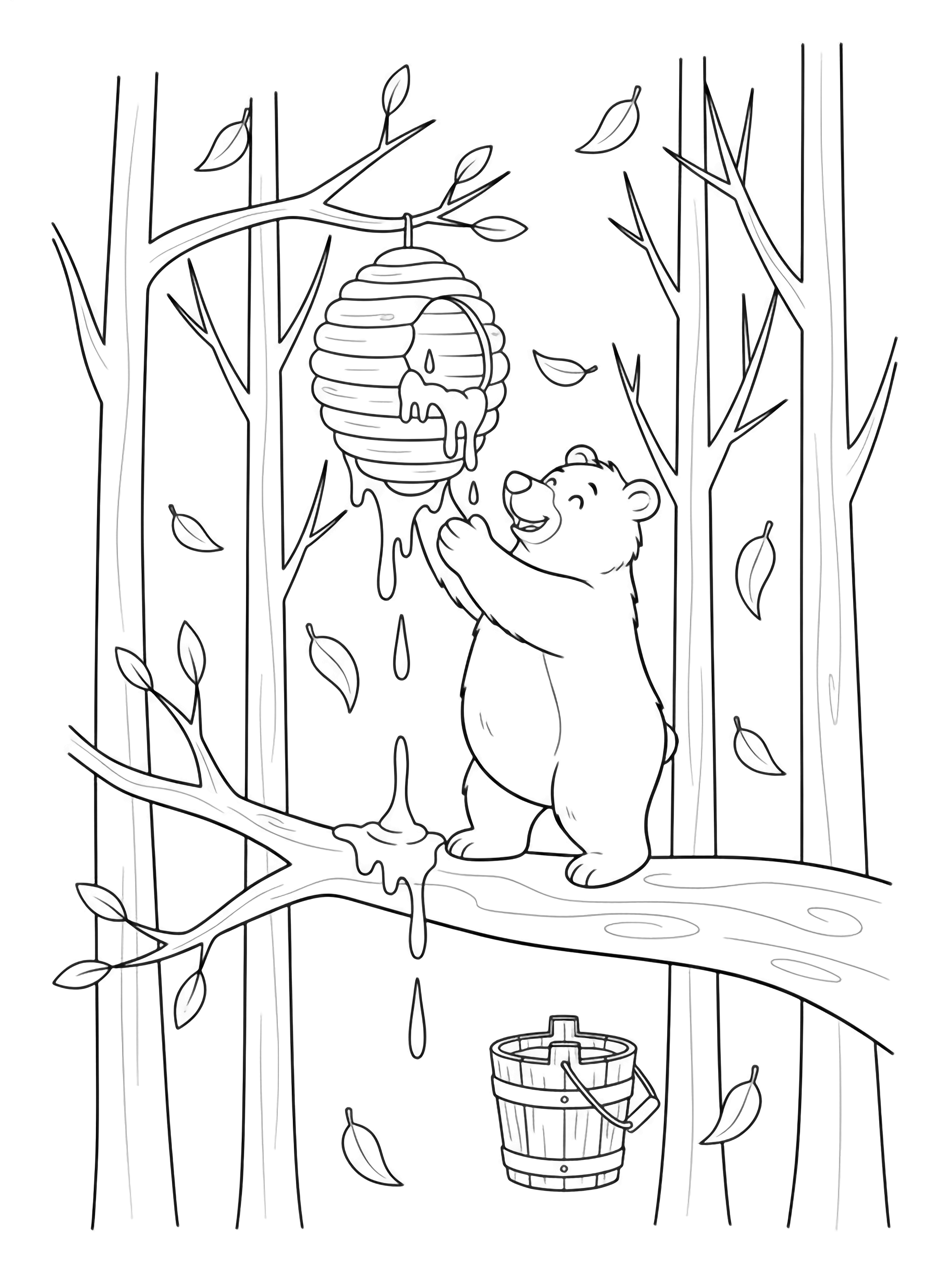 Cheerful bear on a branch reaching into a dripping hive above a wooden pail, framed by bare trees and drifting leaves. kleurplaat