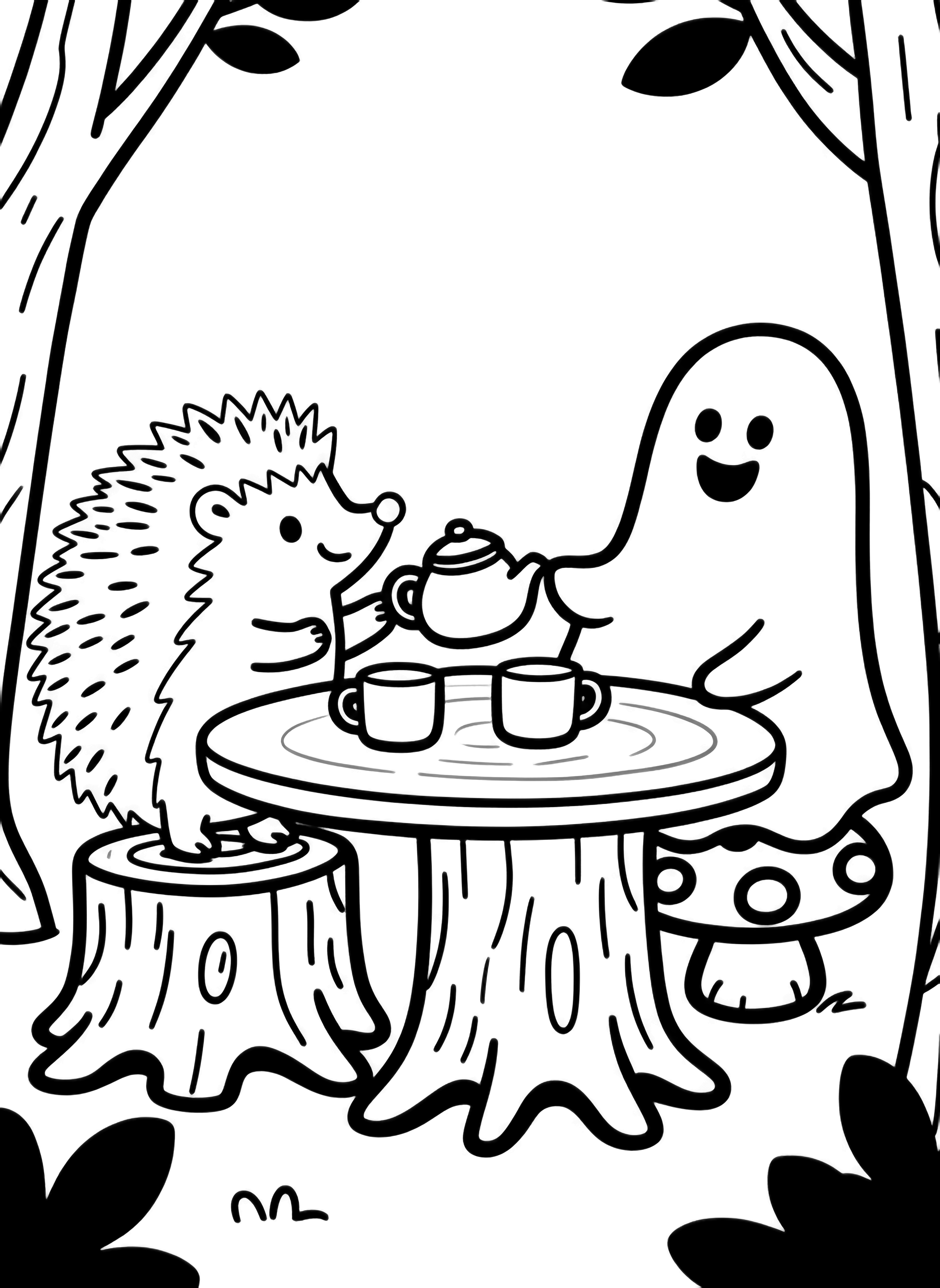 Tiny hedgehog pours tea for a smiling sheet-ghost on a toadstool; mugs steam beside a stump table amid drifting leaves in a cozy forest caf. kleurplaat