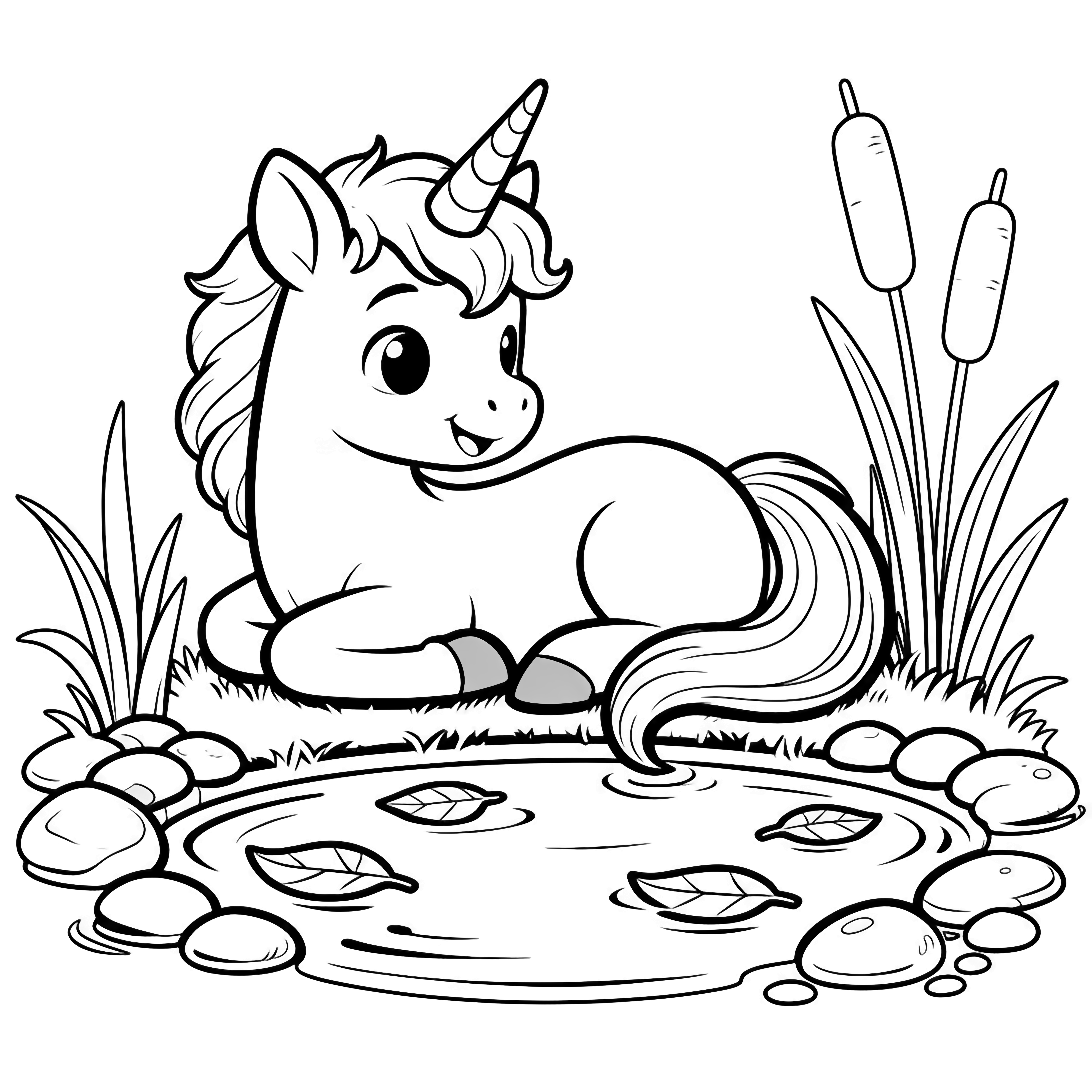 A smiling unicorn foal curls beside a pond with drifting leaves, cattails, and pebbles. kleurplaat