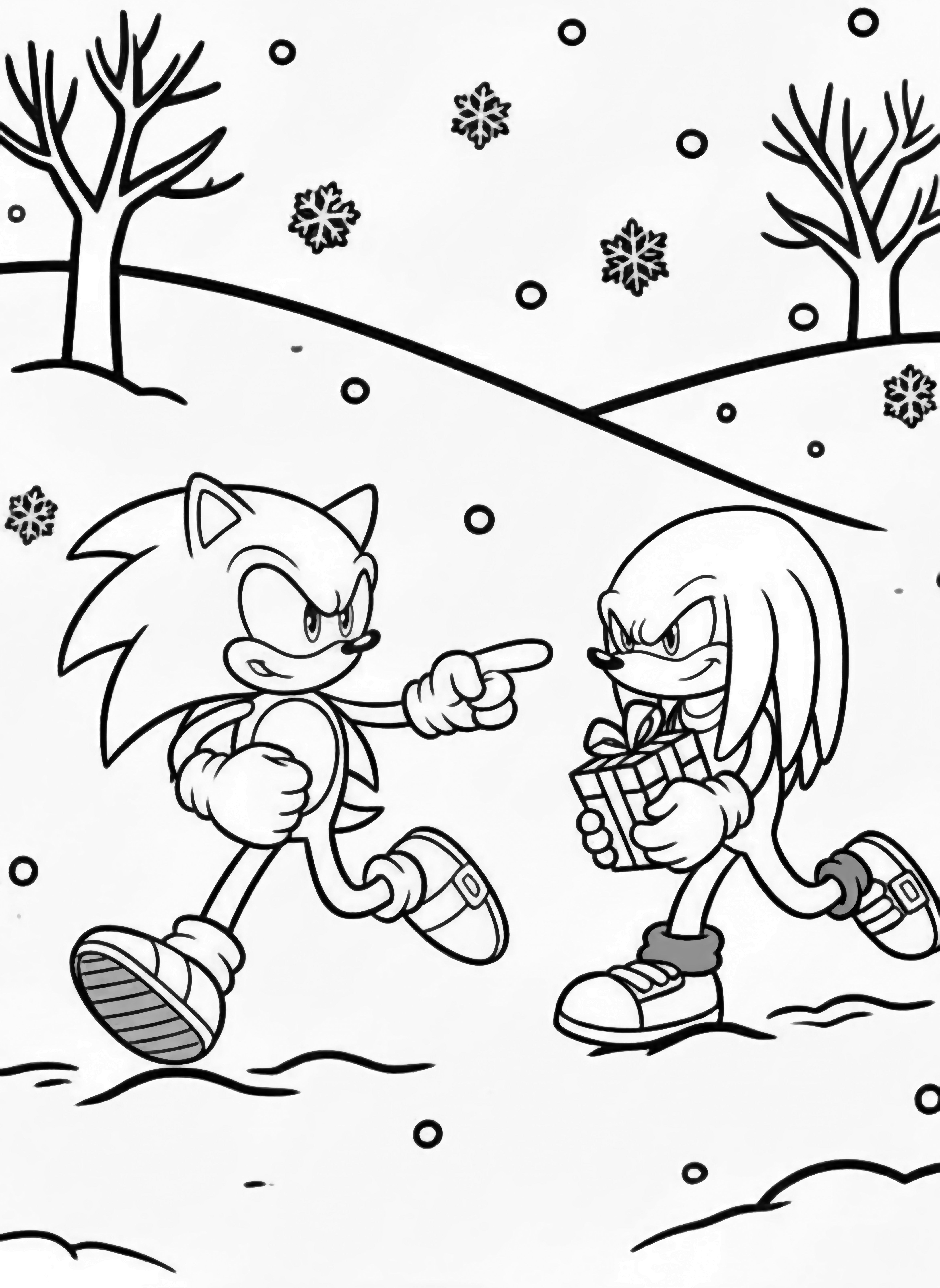 illustration on a Sonic dashes left Knuckles sprints right both grinning and clutch ribbon tied presents; simple rolling hills bare trees and falling snowflakes create a spacious easy to color winter scene clean black kleurplaat