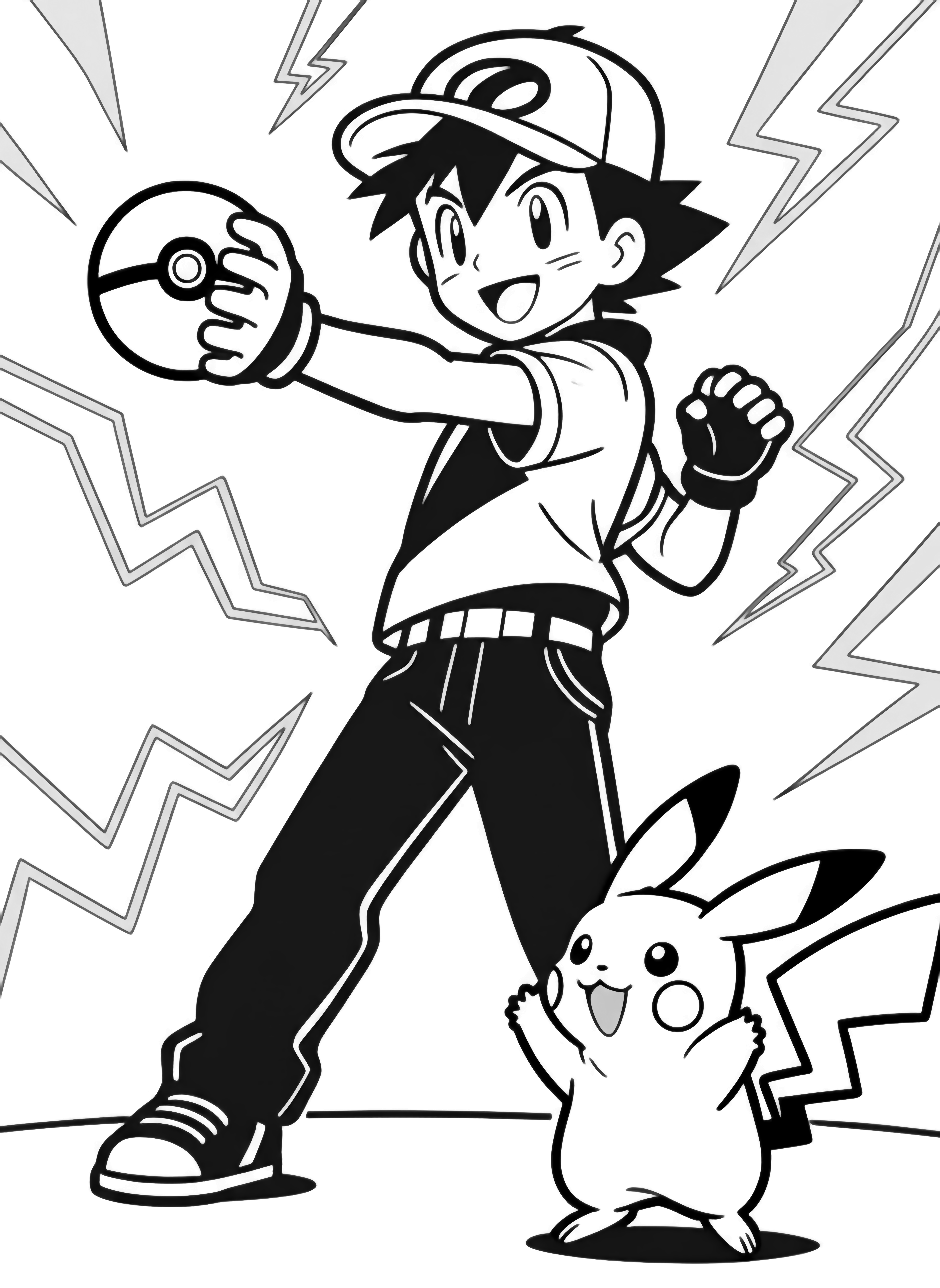 Ash Ketchum mid-throw with cap backwards, Pikachu cheering at his feet, lightning zig-zags behind them kleurplaat