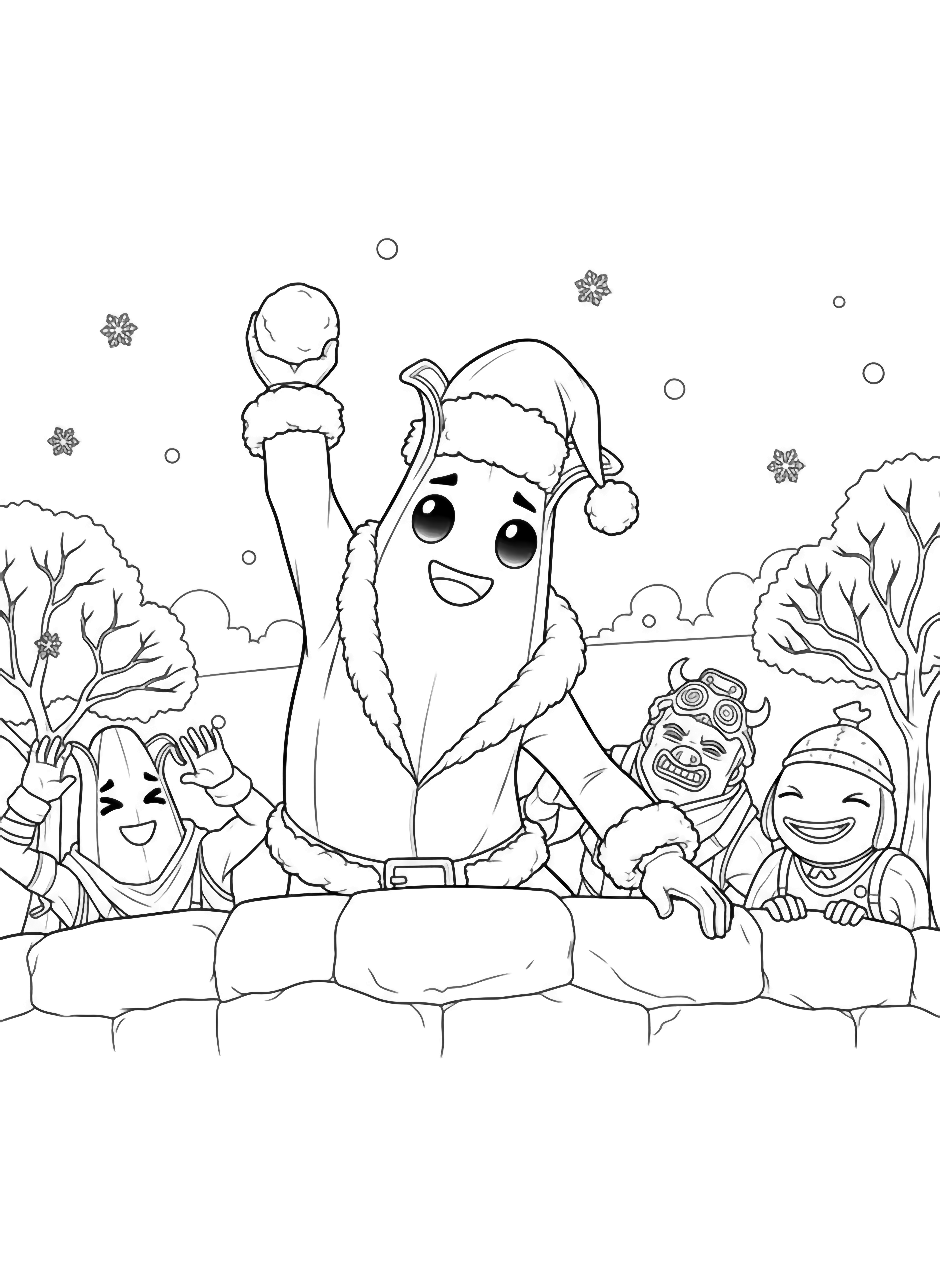 Peely the banana in a fluffy Santa hat and coat throws a snowball while three friends duck behind a low snow wall, laughing, amid snowflakes and bare trees. kleurplaat