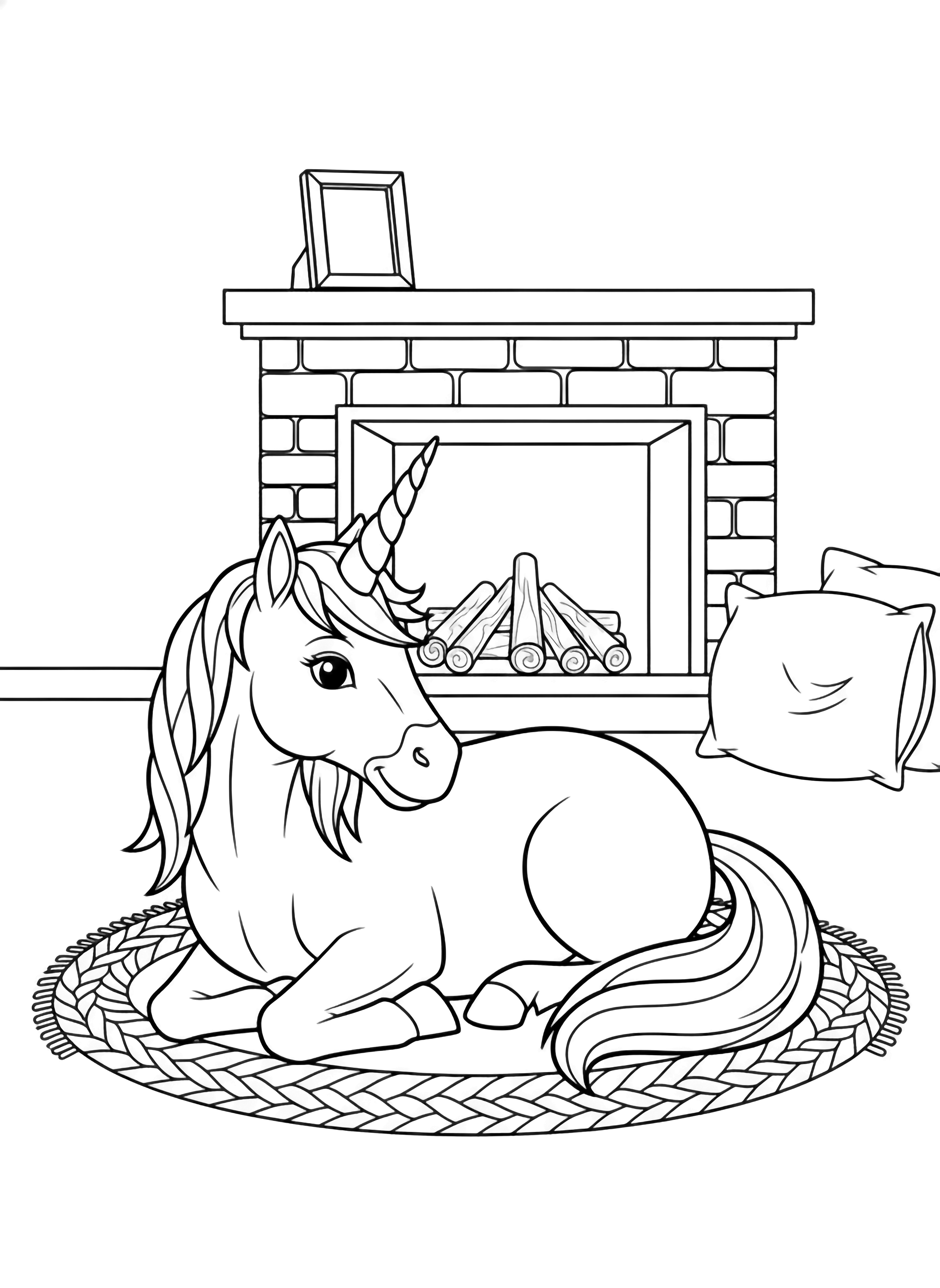 A curled unicorn rests on a braided rug beside a brick fireplace; a blank photo frame sits on the simple mantel, a fluffy pillow nearby. kleurplaat