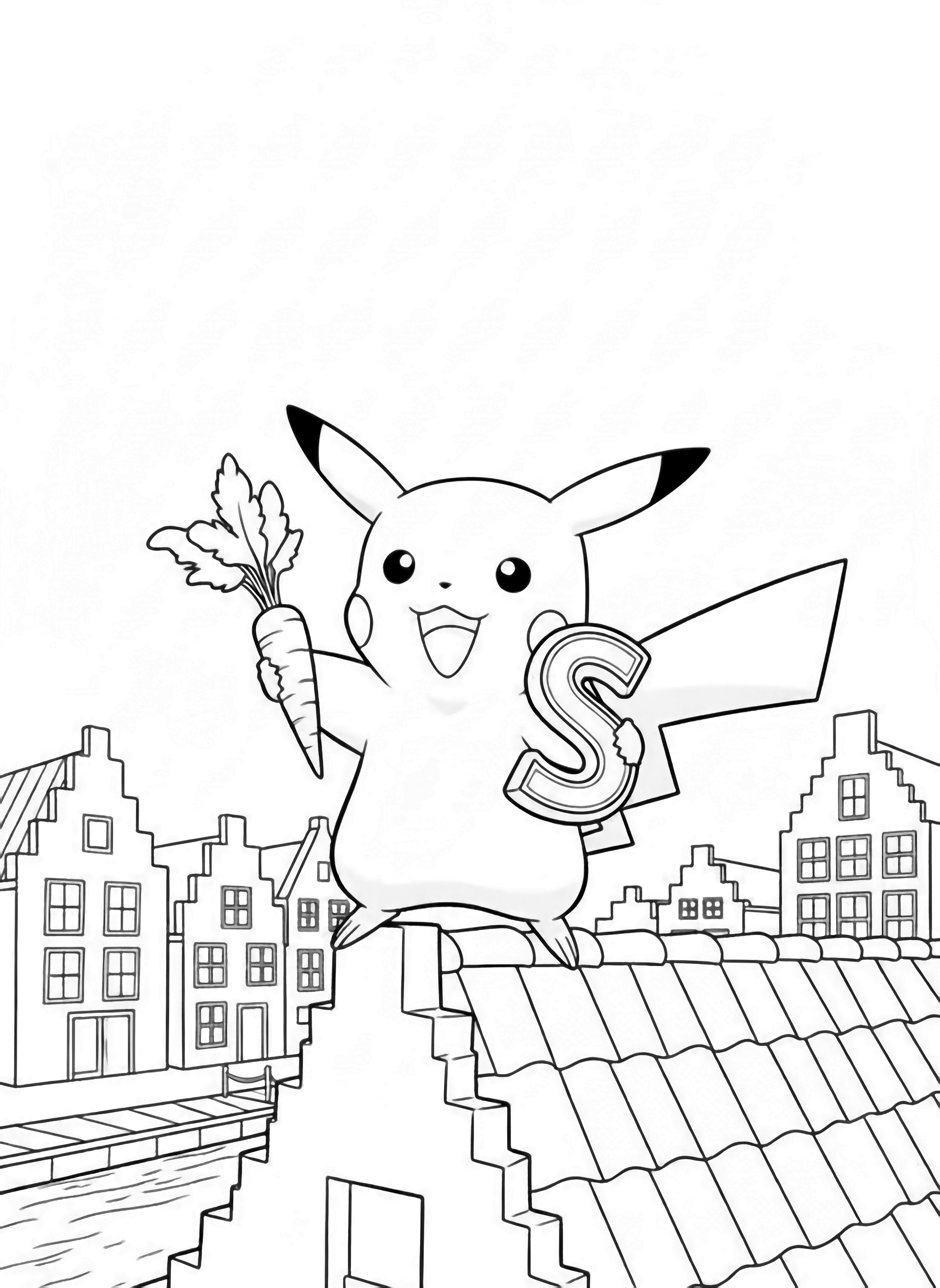 Pikachu on a rooftop ridge wearing a tall bishop's hat, holding a carrot and a chocolate letter, with stepped-gable houses and a canal below. kleurplaat