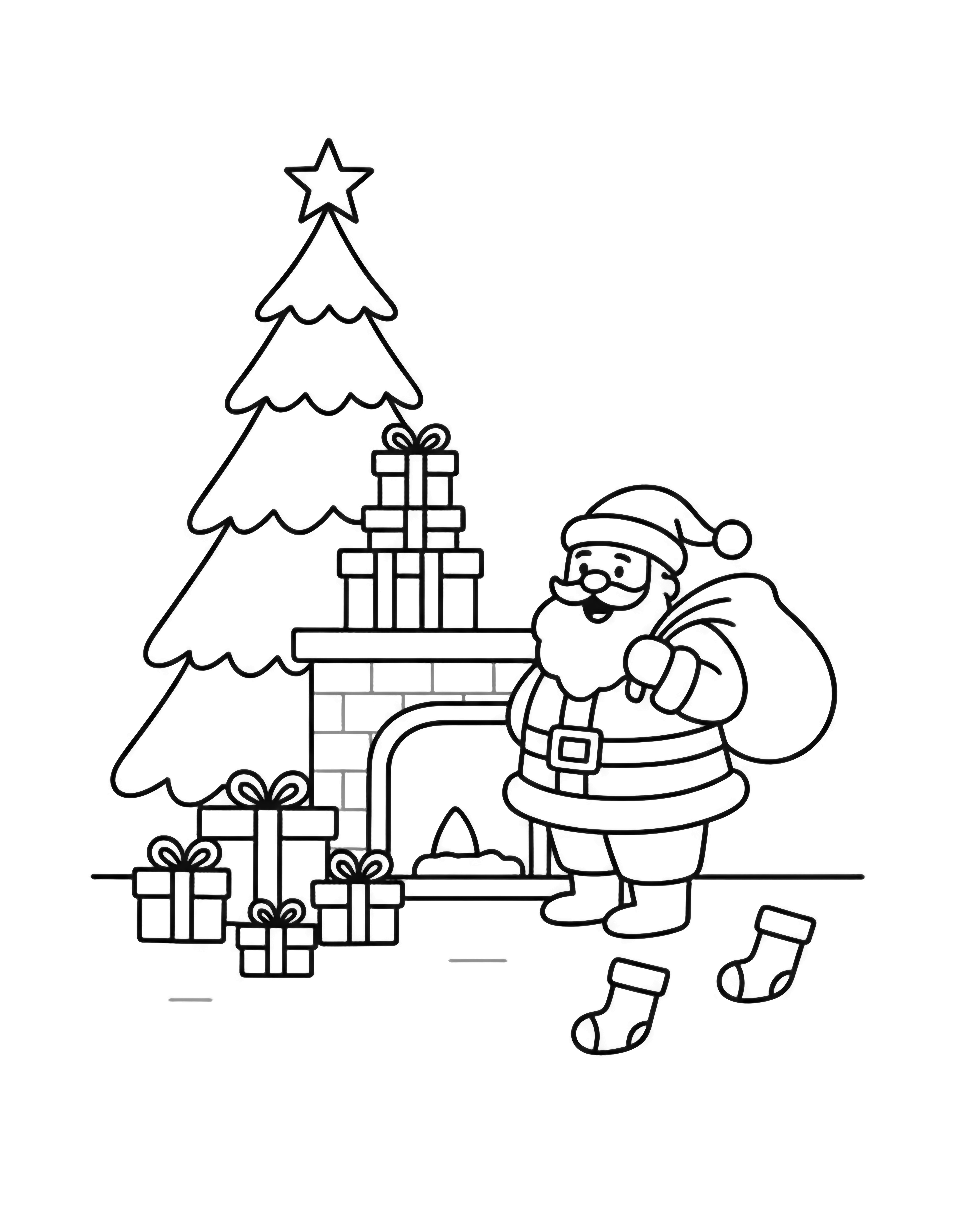 illustration on a Santa stands smiling sack slung over shoulder beside a towering tree; empty circle and star ornaments dangle stacked empty gift boxes scatter simple stockings line a plain mantel snowflake border frames the scene all in bold clean white friendly outlines clean black kleurplaat
