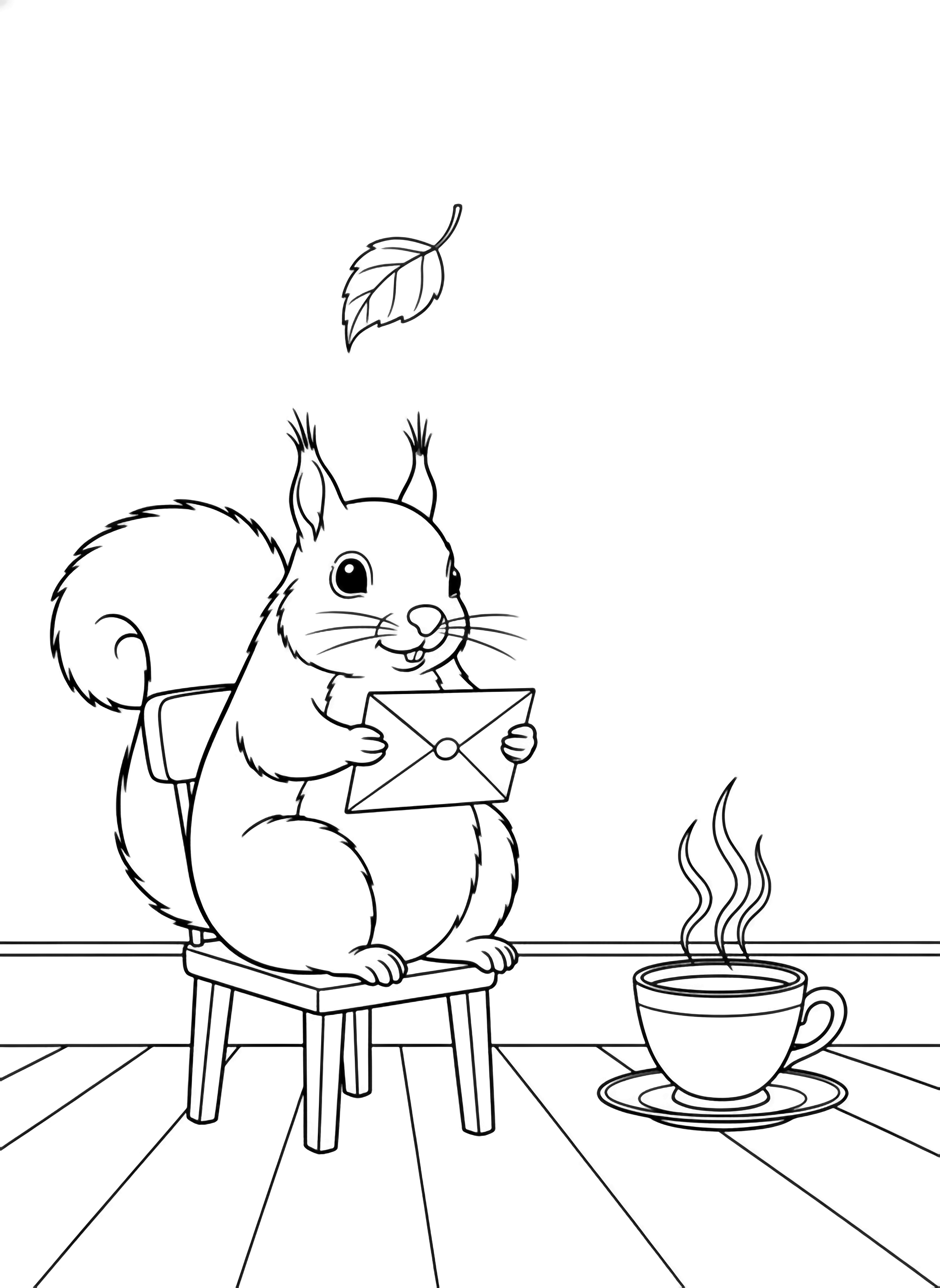 A plump squirrel on a small wooden chair holds an open envelope; a steaming teacup on a saucer sits nearby while a leaf drifts above floorboards. kleurplaat