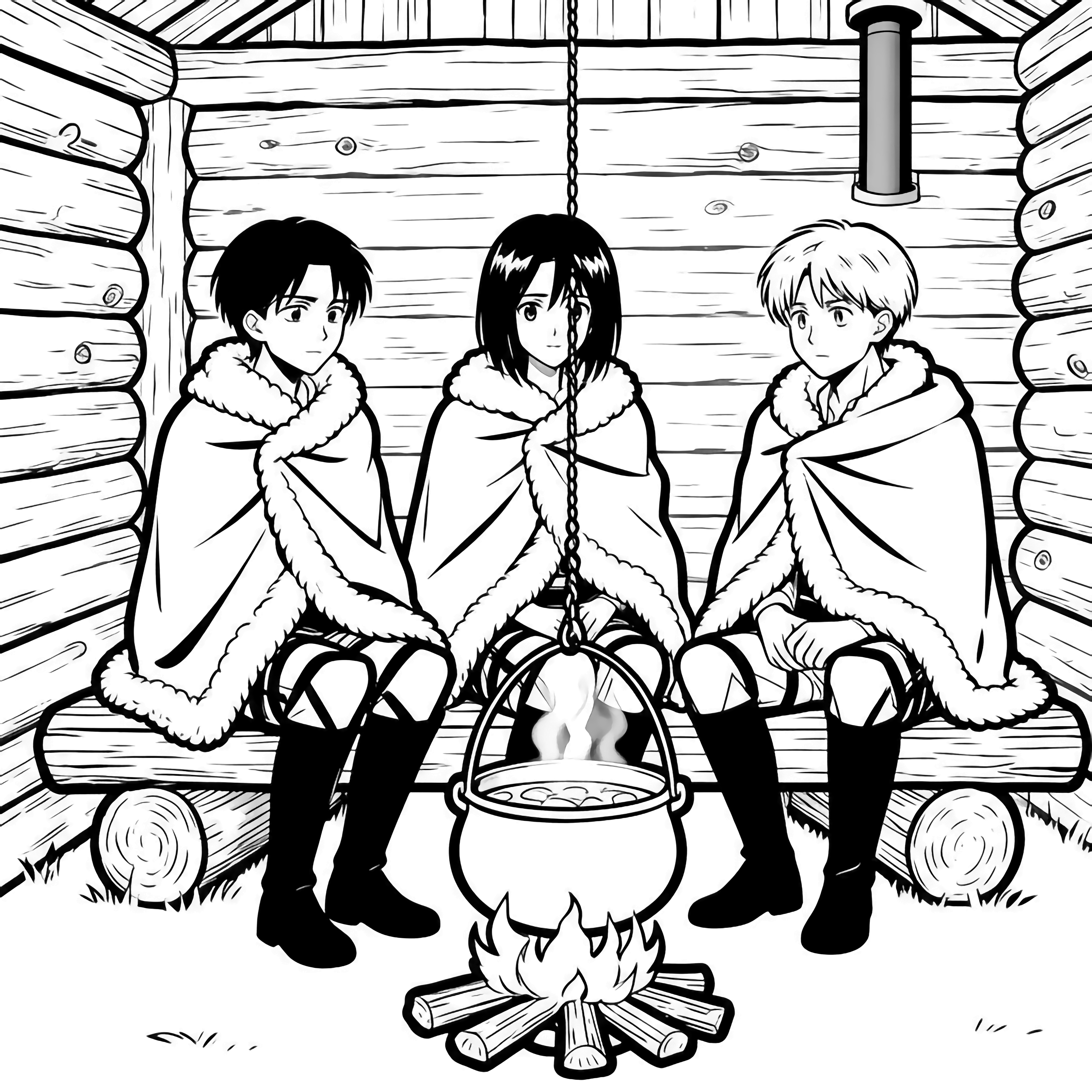 Eren, Mikasa and Armin huddle on a log bench inside a cabin, wool blankets on their shoulders, a soup pot hanging over the fire. kleurplaat