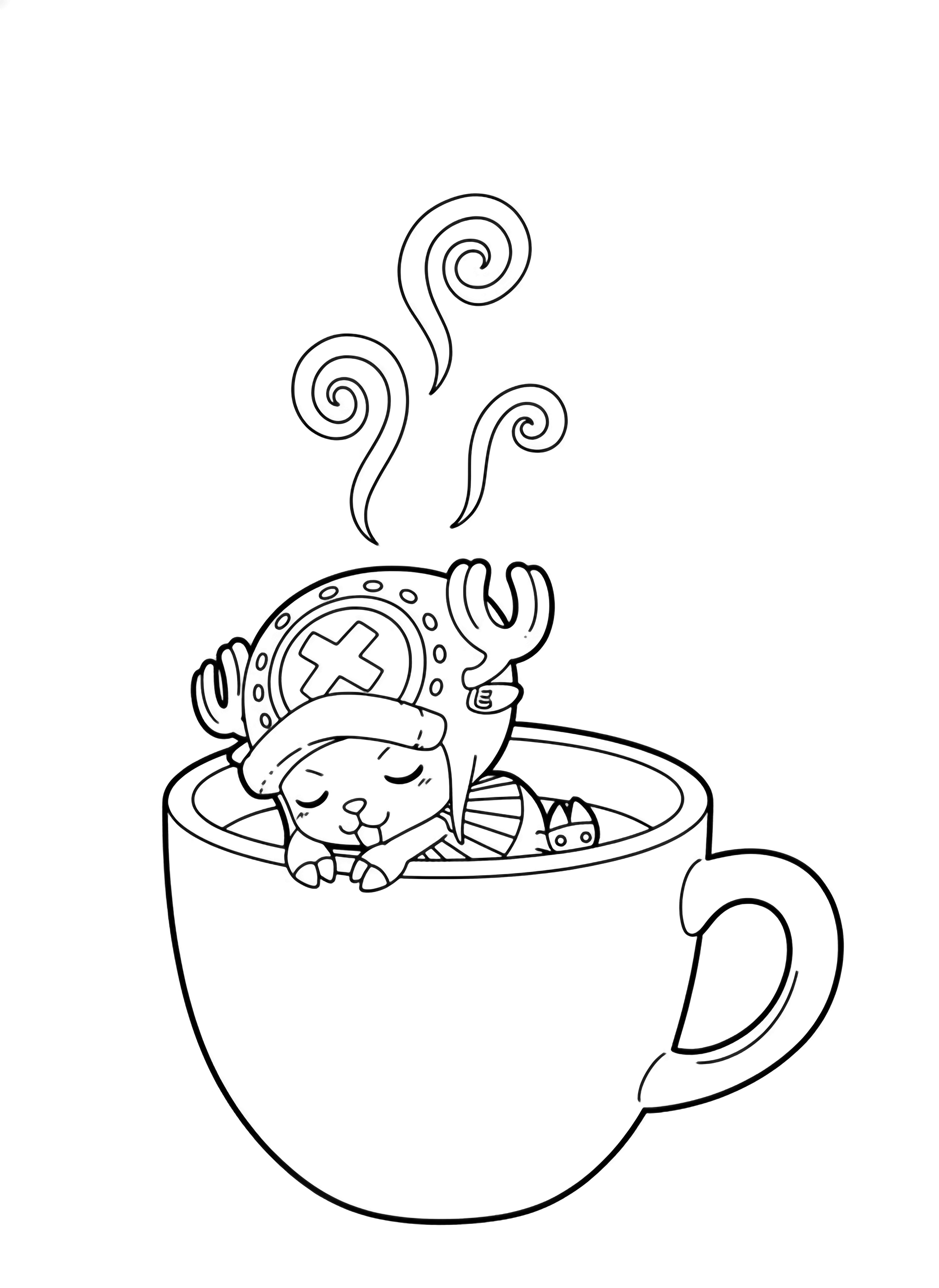 Chopper curls inside a giant mug, tiny arms hugging himself, steam spirals above the rounded handle, soft horizon behind. kleurplaat