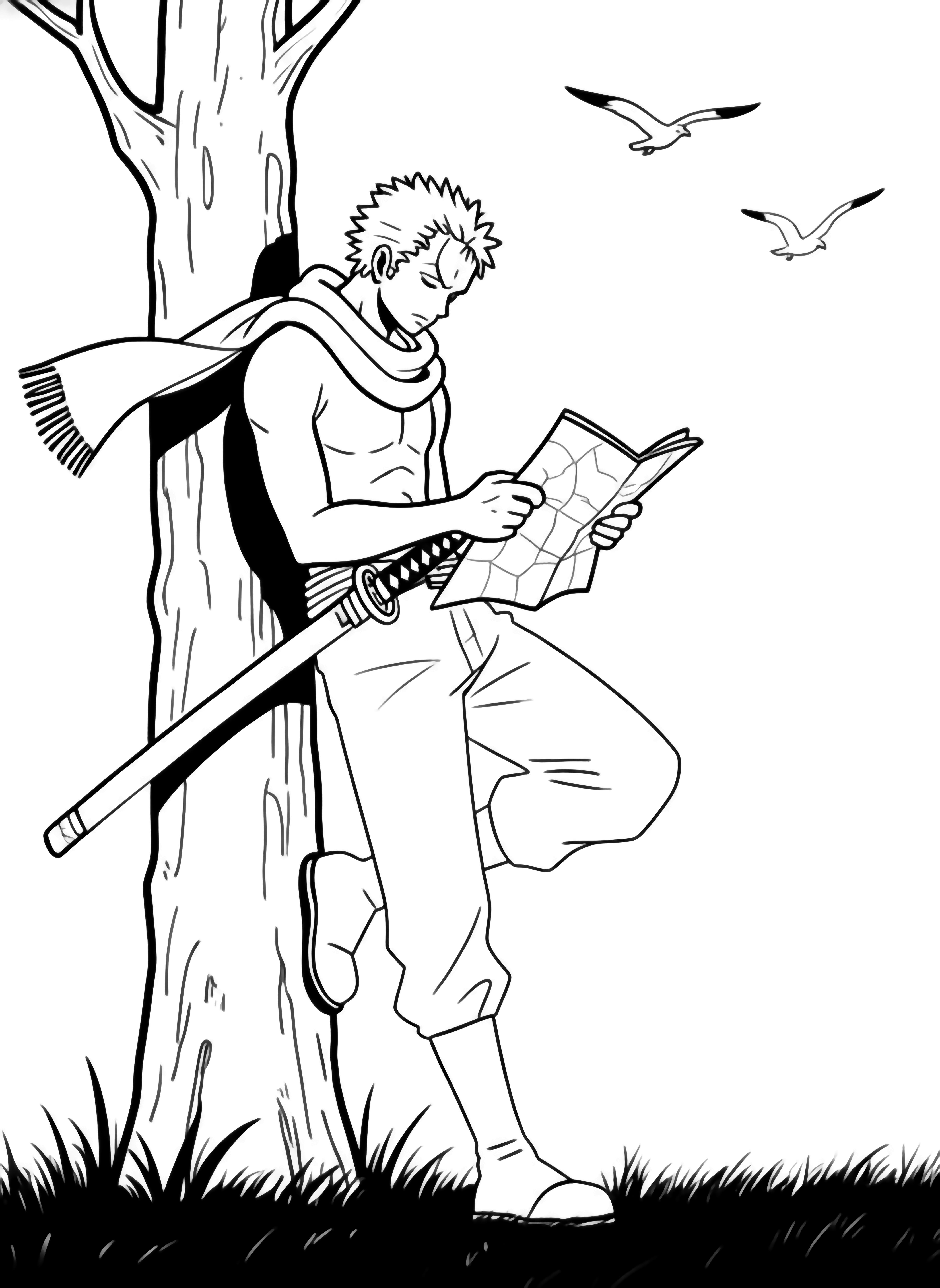 Zoro leunt tegen een boom, één been gebogen, katana aan zijn heup, sjaal los, terwijl hij een open kaart bestudeert terwijl verre meeuwen over rustig gras glijden. kleurplaat