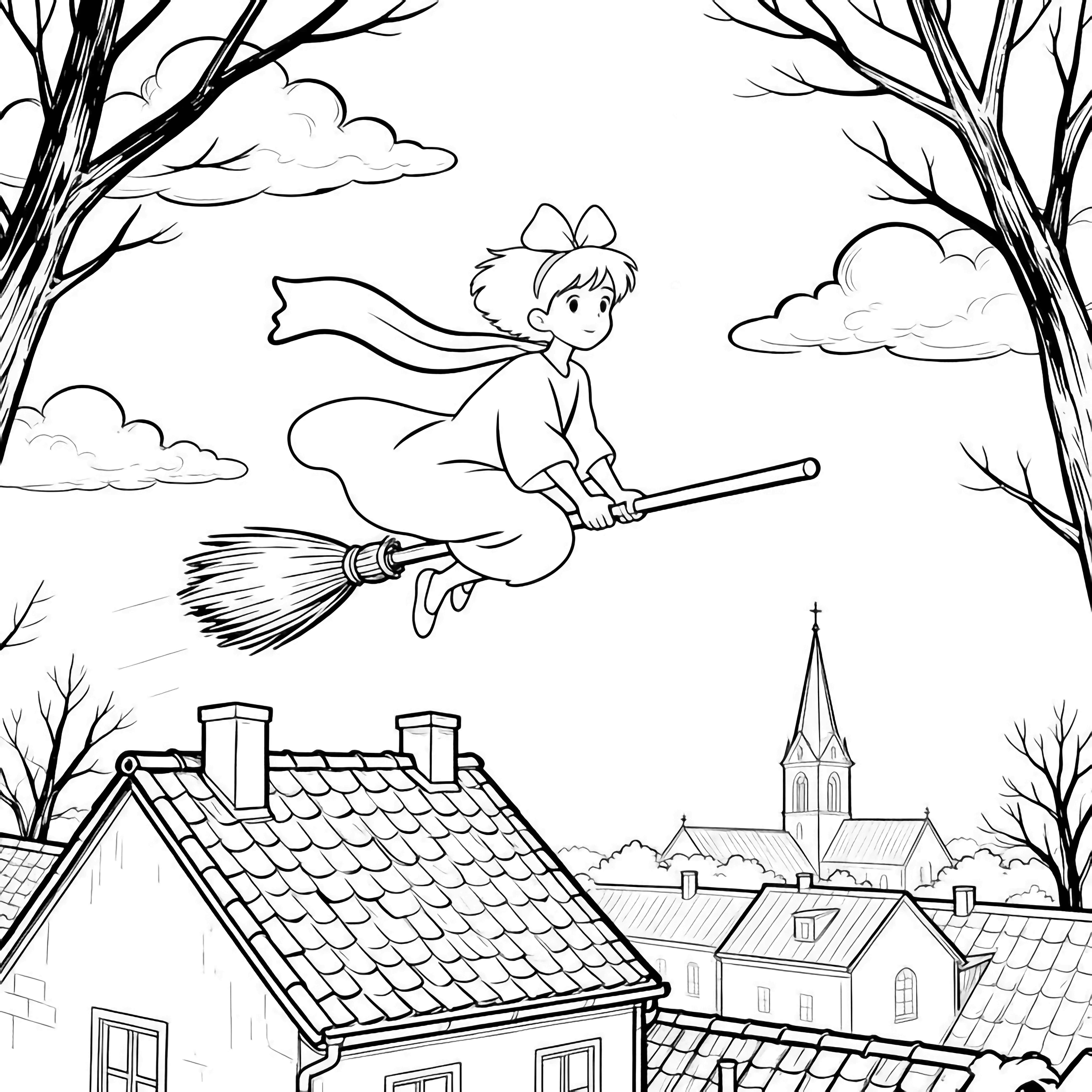 Kiki flies on a broom above rooftops, scarf fluttering; clouds drift near a distant church spire while bare trees frame the scene. kleurplaat