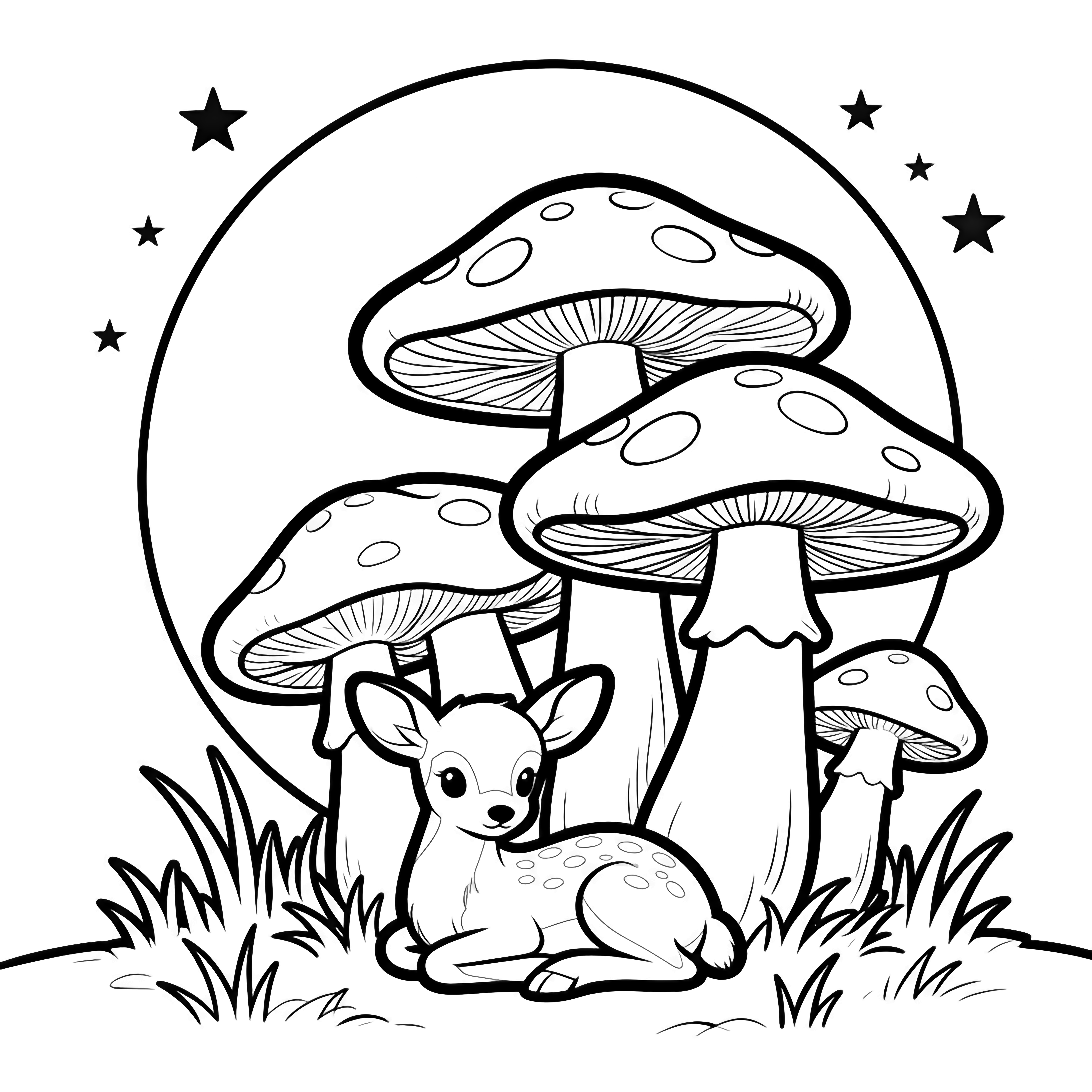 A tiny fawn sleeps curled beneath a large mushroom cluster, moon behind, grass tufts and small stars above. kleurplaat